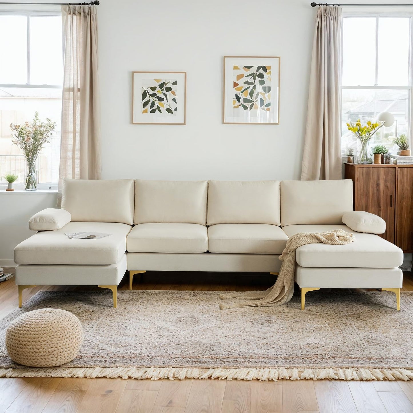 VINGLI 110" Modern U Shaped Sectional Couch with 51"D Double Chaise for Living Room, Beige Deep Seat Sectional Sofa Sets with 5.9" Thickness Seating Padding for Home Furniture,Linen Fabric,Metal Legs