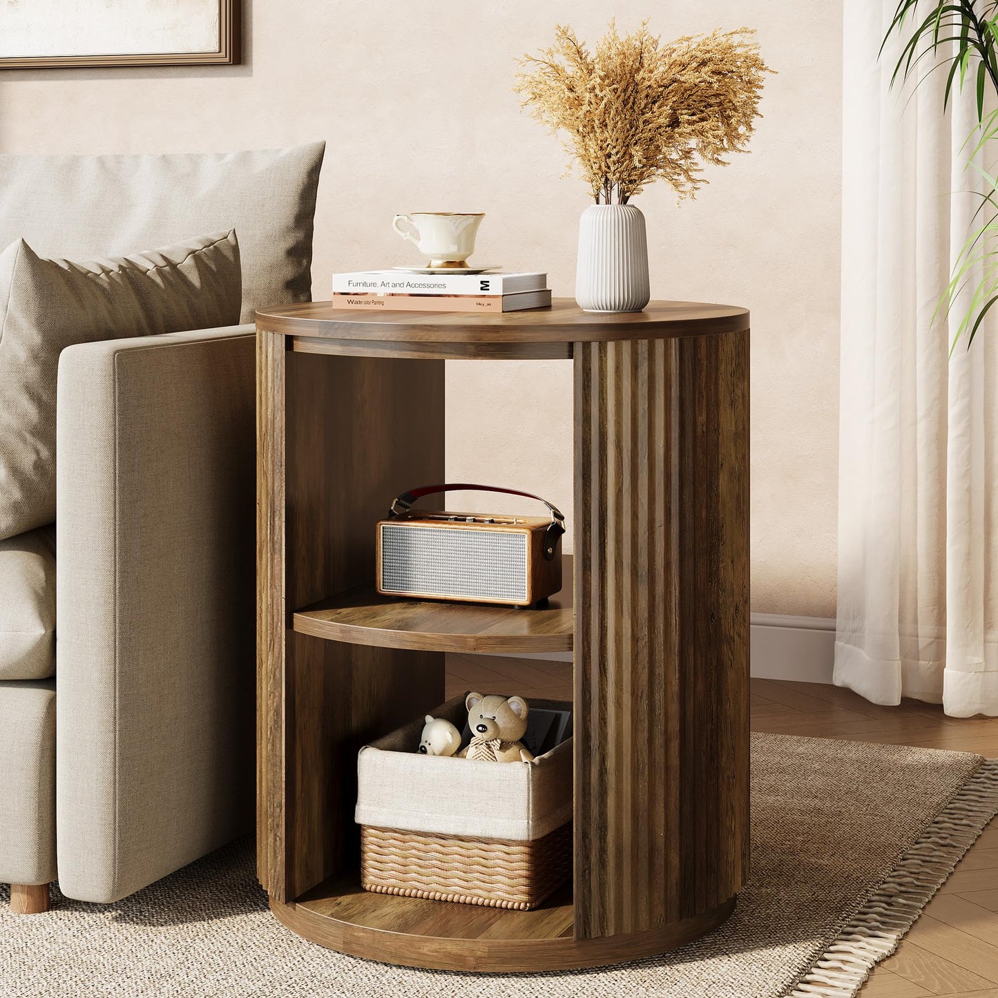 Tribesigns Round Fluted End Table, Farmhouse Round Side Table with 3-Tier Storage Shelf, Circle Bedside Nightstand for Living Room, Bedroom, Small Spaces, Rustic Brown
