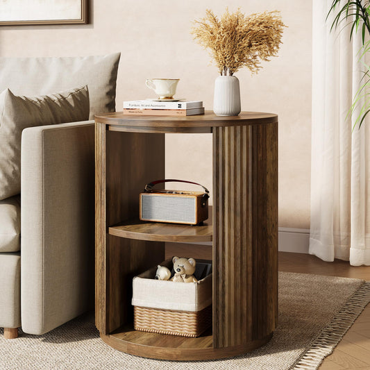Tribesigns Round Fluted End Table, Farmhouse Round Side Table with 3-Tier Storage Shelf, Circle Bedside Nightstand for Living Room, Bedroom, Small Spaces, Rustic Brown
