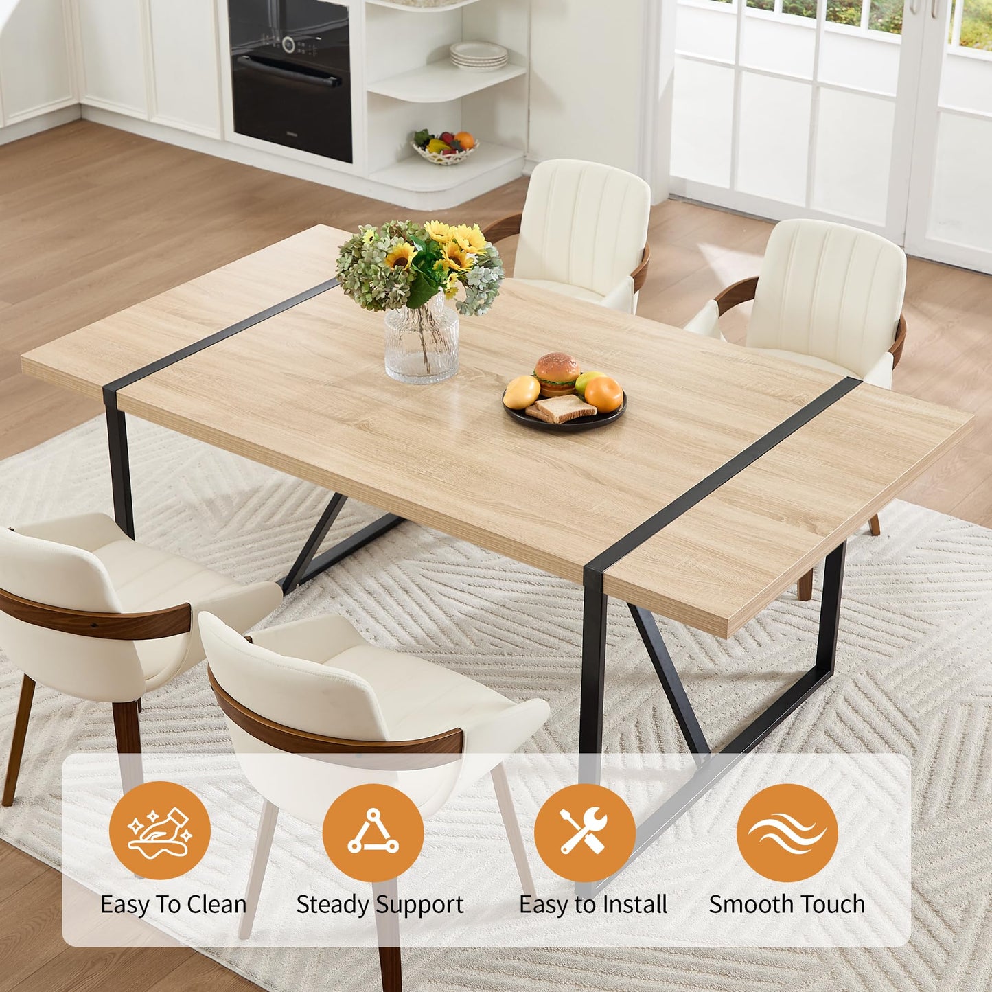 VipDesk 70.8" × 39.4" Farmhouse Dining Table for 6 to 8, Rectangular Dinner Table with Sturdy Metal Frame for Kitchen Dining Room Living Room - Natural Wood