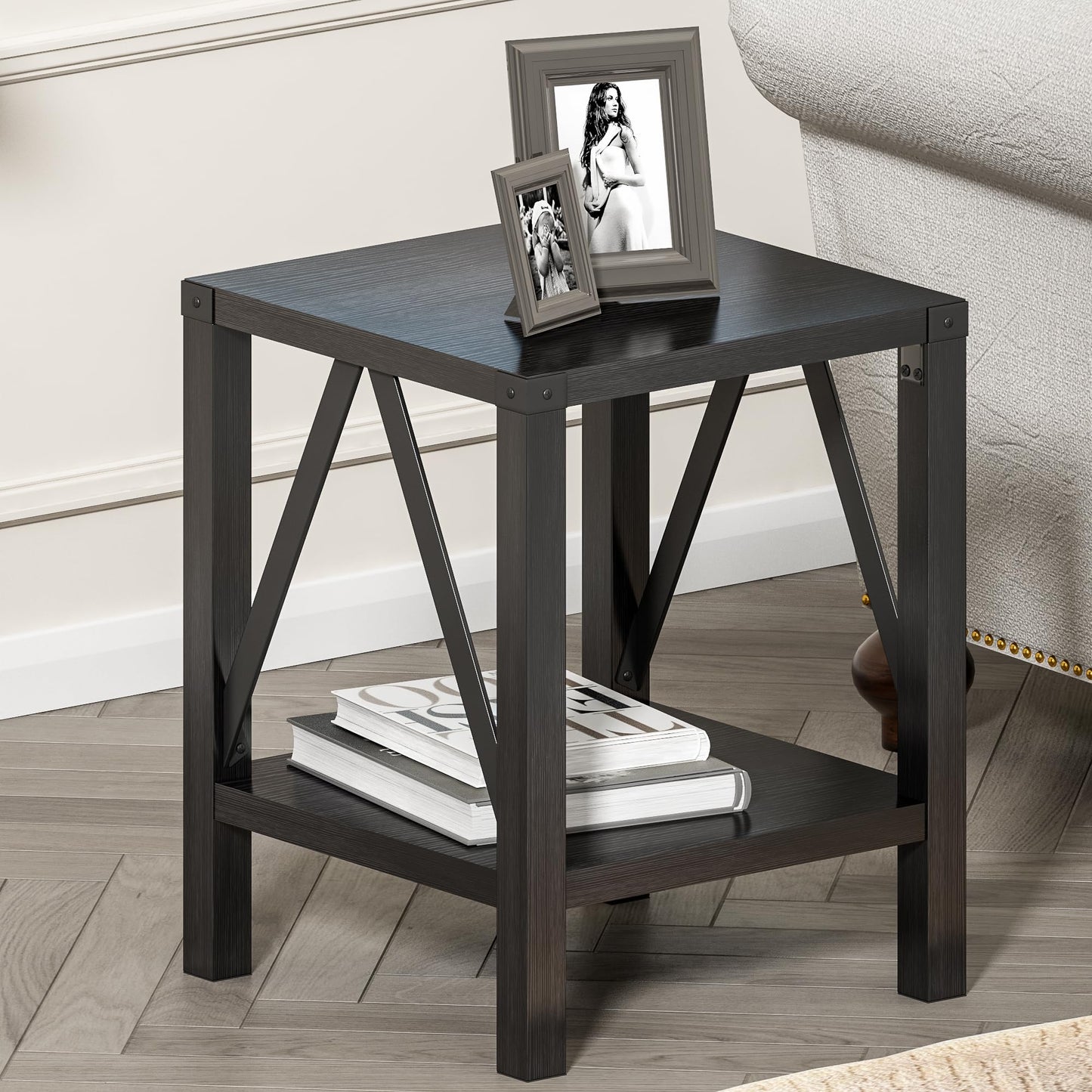 Treocho Farmhouse End Table Set of 2, Rustic Vintage Nightstand Side Table with Shelf for Living Room, Black