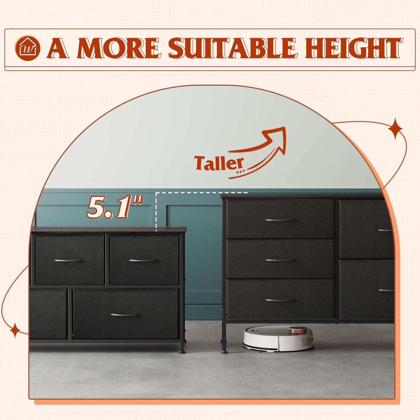 WLIVE Dresser for Bedroom with 5 Drawers, Wide Bedroom Dressers with Drawer Organizers, Chest of Drawers, Fabric Dresser for Living Room, Closet, Hallway, Charcoal Black