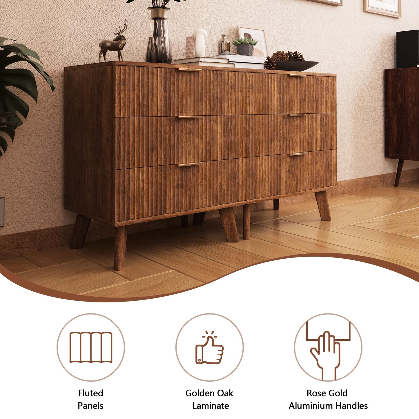 XUZENEST Fluted 3 Drawer Dressers, Modern Closet Dressers Chest of Drawers, Wood Storage Dresser Chest of Drawers Organizer for Bedroom Living Room Hallway Closet, Walnut, 2 Sets