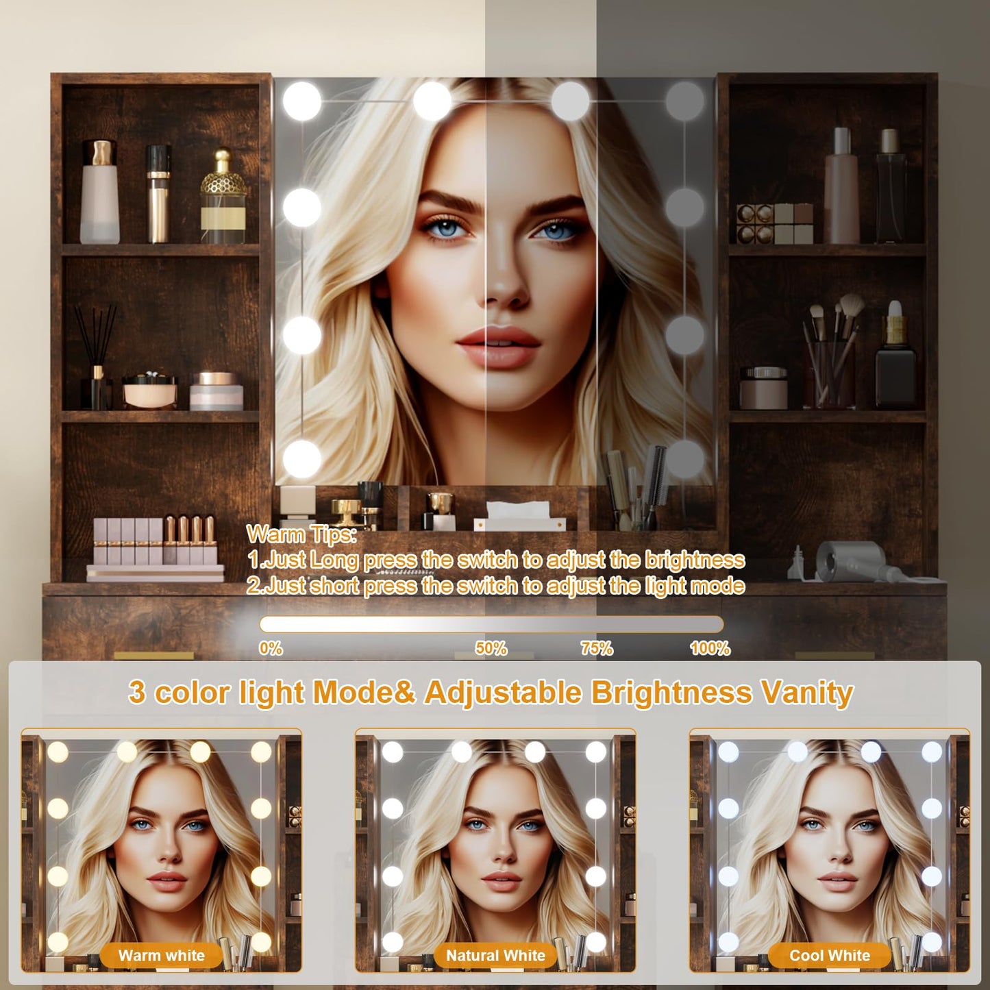 Garvee 56" Modern Vanity Set with LED Lighted Mirror,Farmhouse Makeup Vanity with Power Outlet&Storage Shelves,Bedroom Dressing Table for Women&Girls,3 Lighting Modes,Brightness Adjustable(Brown)