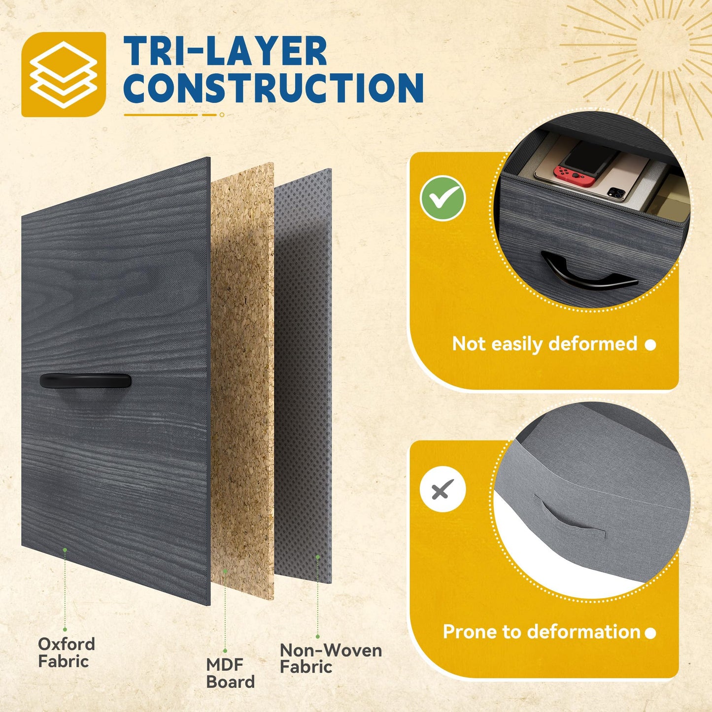 DWVO 4 Drawers Dresser, Dresser for Bedroom, Fabric Storage Tower, Chest of Drawers, Organizer Unit for Closets, Living Room, Sturdy Steel Frame, Wooden Top, Easy Pull Fabric Bins