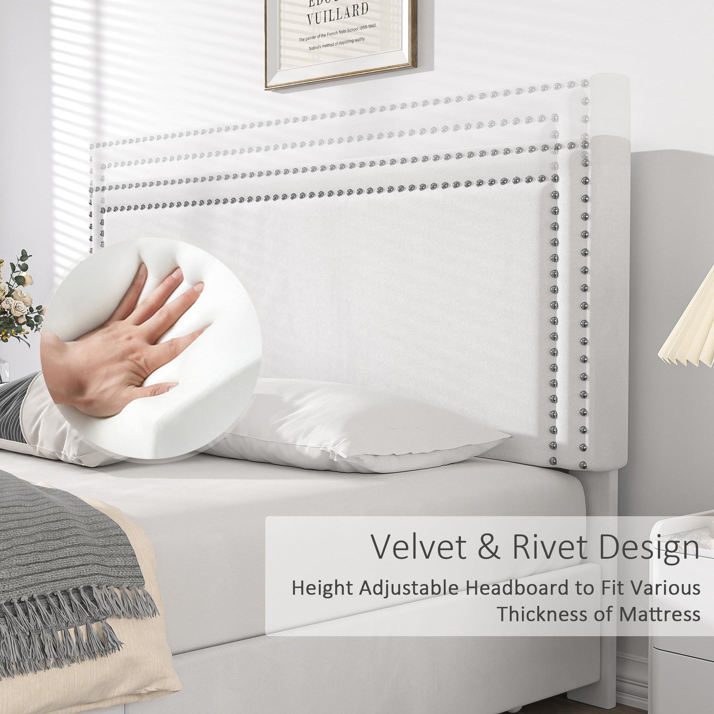 VECELO Full Size Upholstered Platform Bed Frame with 4 Storage Drawers, Adjustable Velvet Rivets Headboard, Wooden Slats Support, No Box Spring Needed, Easy Assembly