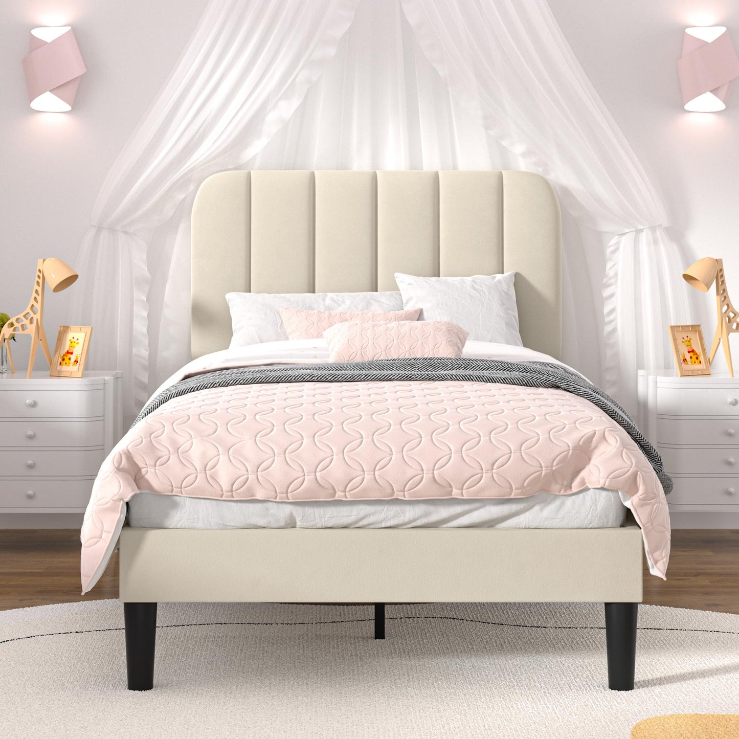 VECELO Twin Size Bed Frame with Upholstered Headboard, Velvet Platform Bedframe Mattress Foundation, Strong Wood Slat Support, No Box Spring Needed,Velvet Beige