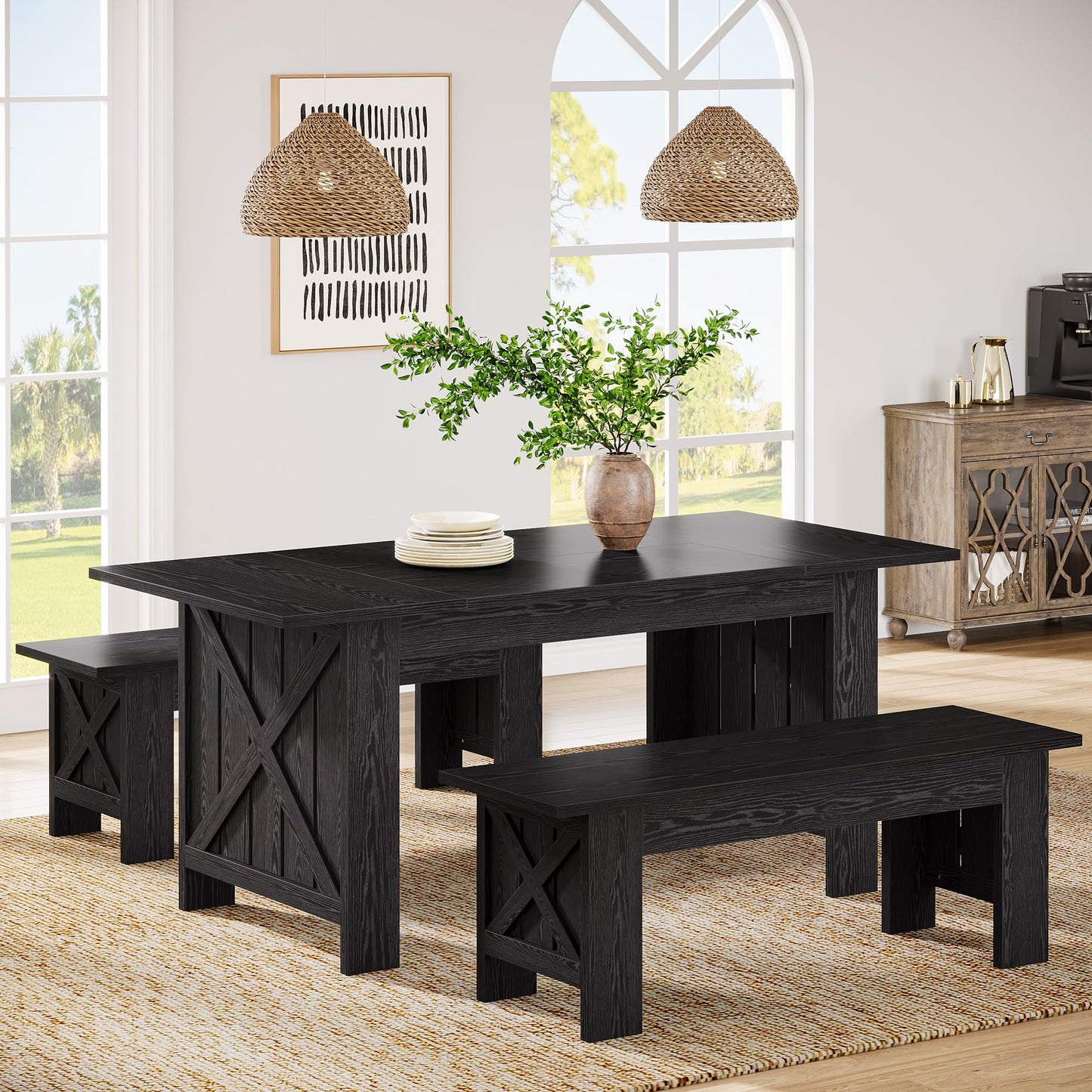 Tribesigns Farmhouse Dining Table Set for 4-6, 55-Inch Rectangle Kitchen Table with 2 Benches, 3-Piece Wooden Dinner Table for Dining Room, Kitchen, Small Space, Black
