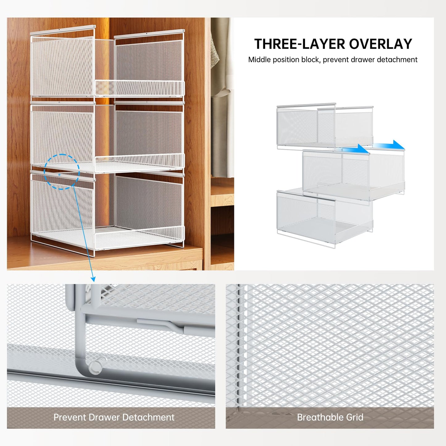 WOCUBEHOME 3-Tier Stackable Metal Closet Organizers and Storage Drawers, Open Front Storage Bins for Wardrobe, RV, Sweater, Jeans, White, 3xM(16.5" D x 12.2" W x 6.6" H)