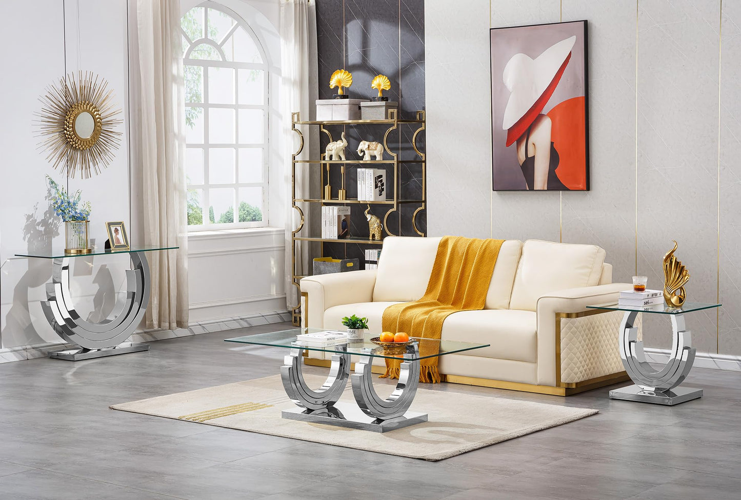 2 Pieces Glass Coffee Table Set,55" Rectangle Coffee Table with 1 Square End Side Table, Modern Silver Living Room Coffee Table Set w/Geometric Stainless Steel Base for Living Room,Apartment