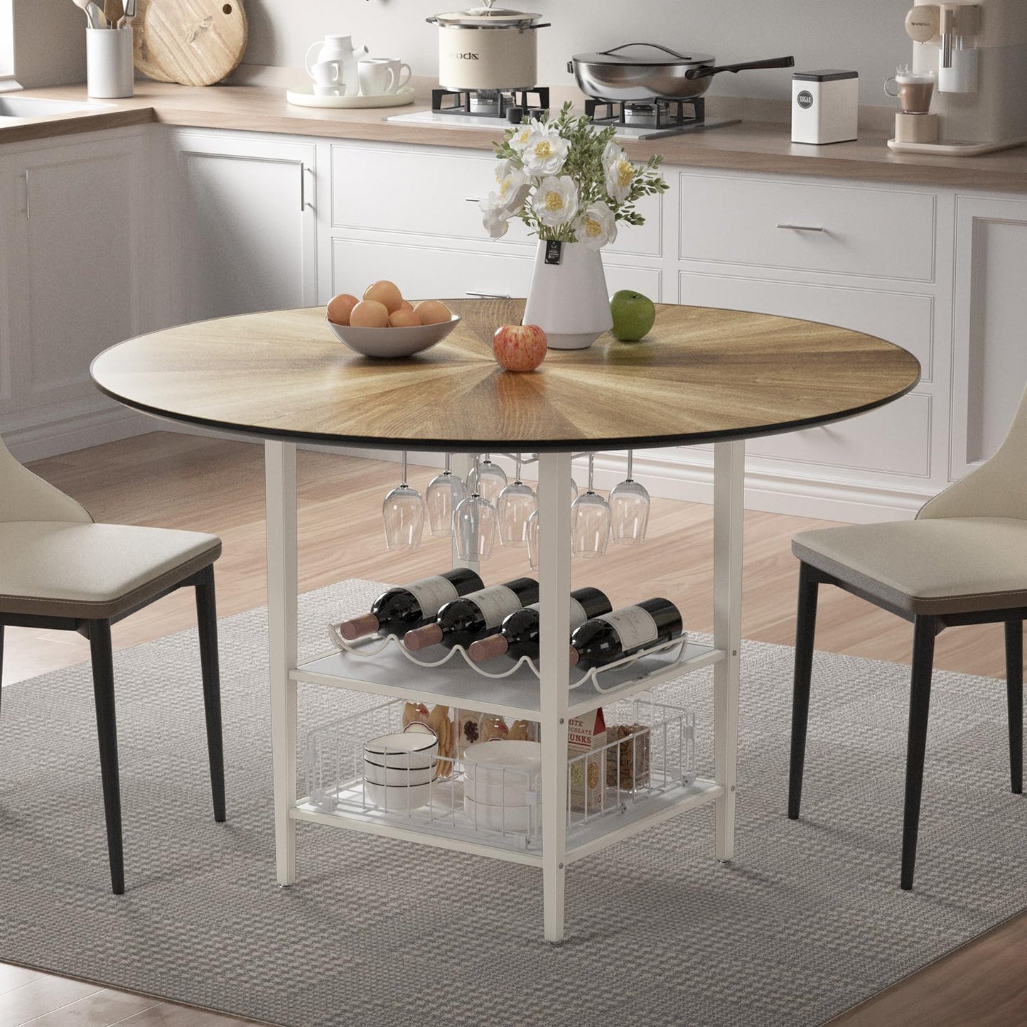 VFK 47'' Round Dining Table Set for 4-6, Farmhouse Kitchen Table with 4 Chairs & Storage Rack, Rustic Wood Dining Set with Sturdy Metal Base for Dining Room & Living Room