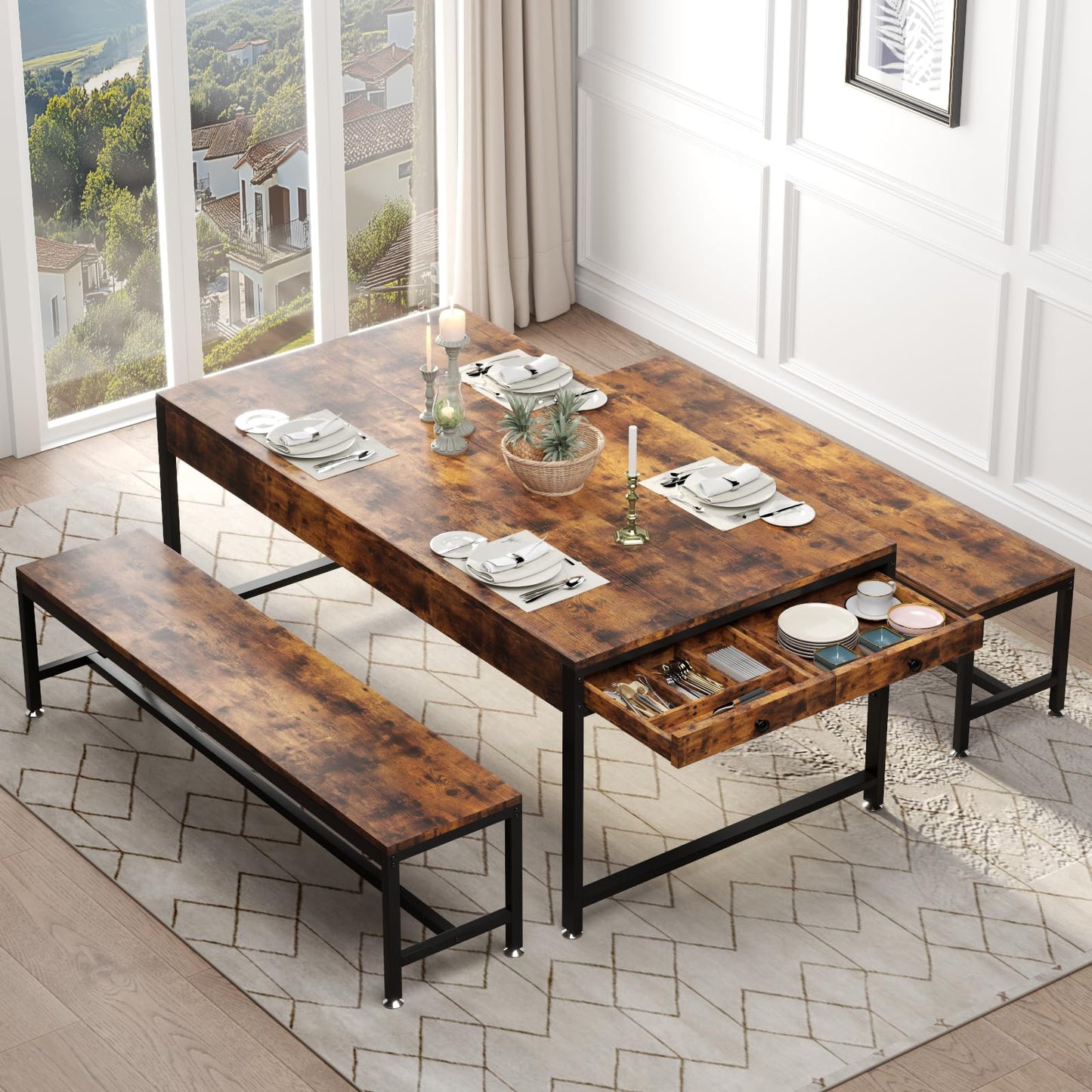 63" Kitchen and Dining Table Set for 6, 3-Piece Dining Room Table with 2 Long Benches, Kitchen Dinner Tables Set with Storage Drawer, Breakfast Nook Tables with Wine Rack, Space Saving Design (Rustic)