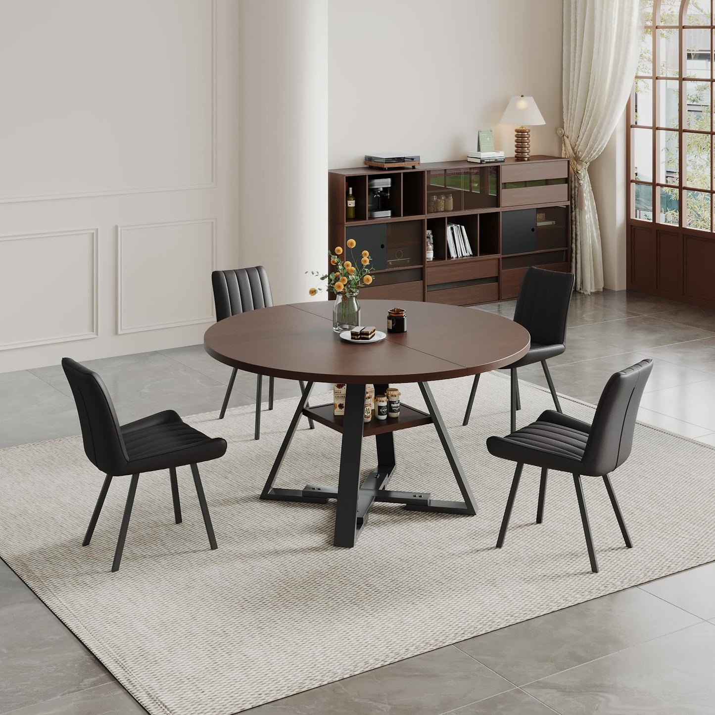 45.3" Walnut Round Dining Table Set with 4 Chairs – Mid-Century Modern Small-Space Kitchen & Dining Room Furniture for Apartment or Breakfast Nook (Walnut – Storage Table + 4 Black Chairs)