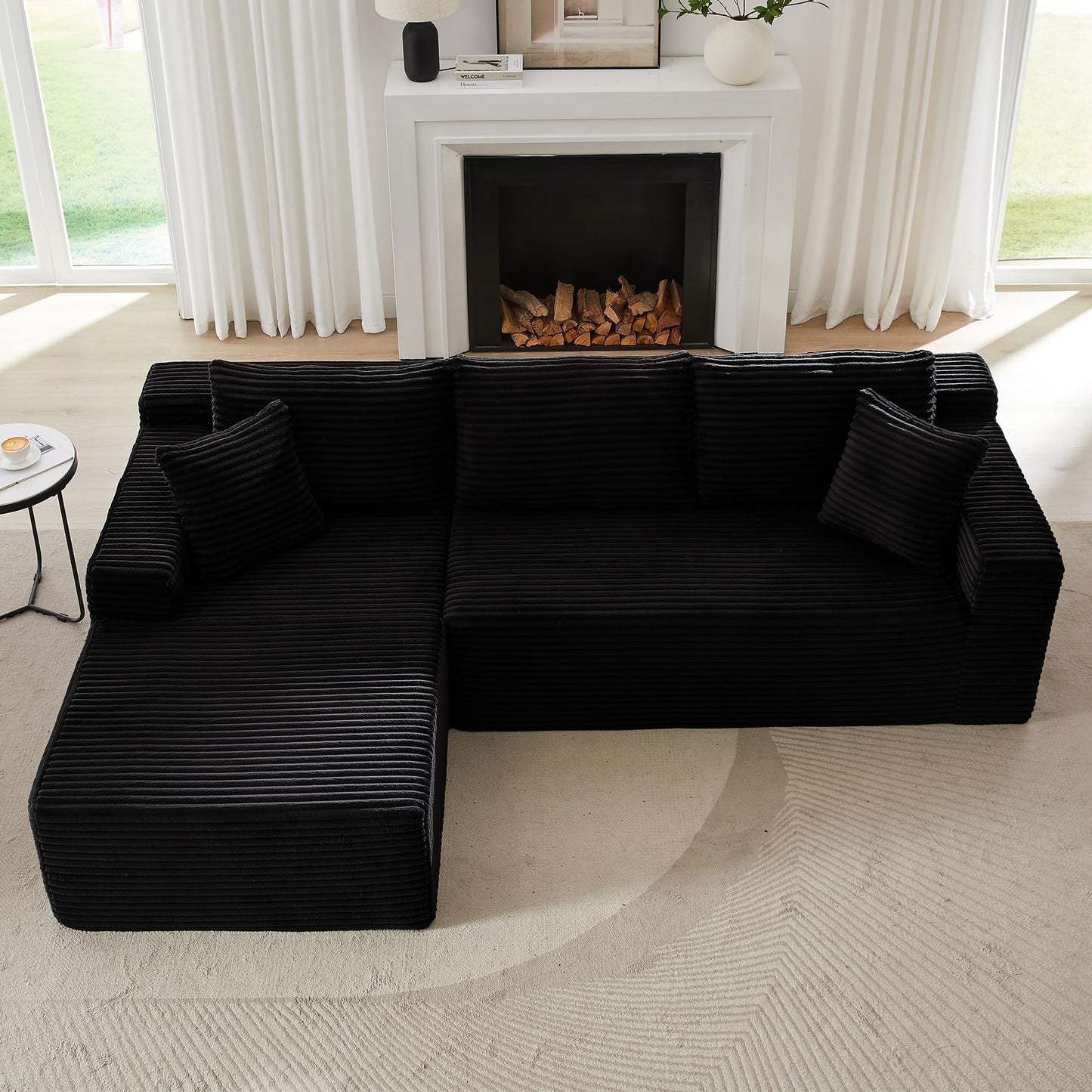 104 Inch Cloud Sectional Couch with L-Shape Chaise,Modern Upholstered Couches with Deep Seat,Corduroy Sponge Compressed Sofa for Living Room,No Assembly Required (Black)