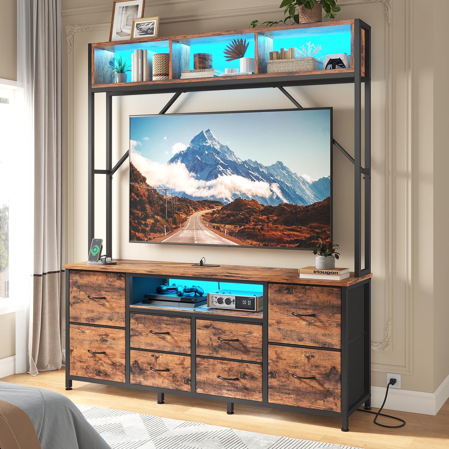 BTHFST 55" TV Satnd for Bedroom Room, Wall Unit Entertainment Center with 2 LED Lights & Power Outlets, TV Stand Dresser with 6 PU Fabric Drawers & 4 Open Storage Shelves, Rustic Brown