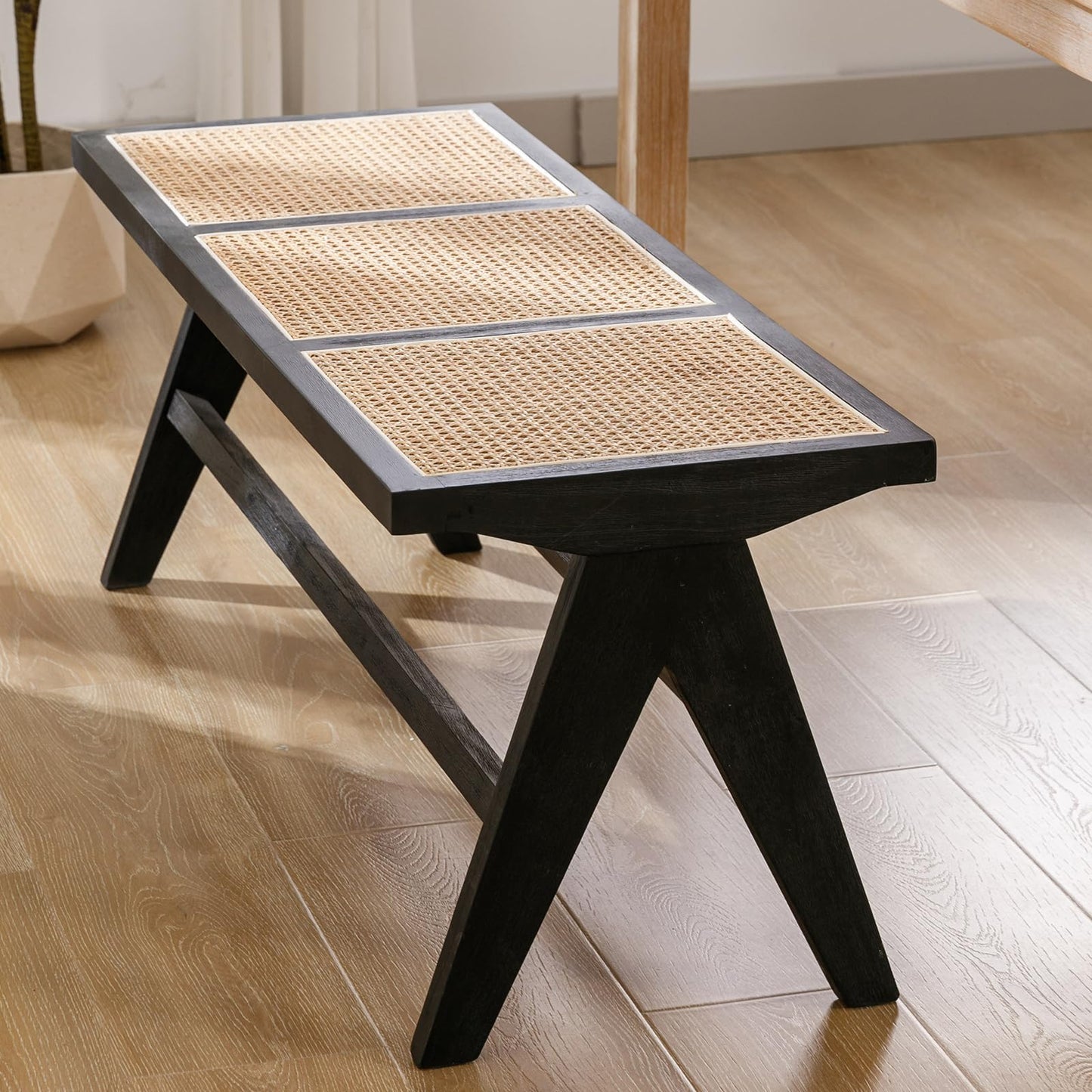 ZH4YOU 45 Inch Black Rattan Dining Bench, Farmhouse Woven Benches for Bedroom, Accent Entryway Long Seat Stool for Hallway/Dining Room/Living Room/Foyer