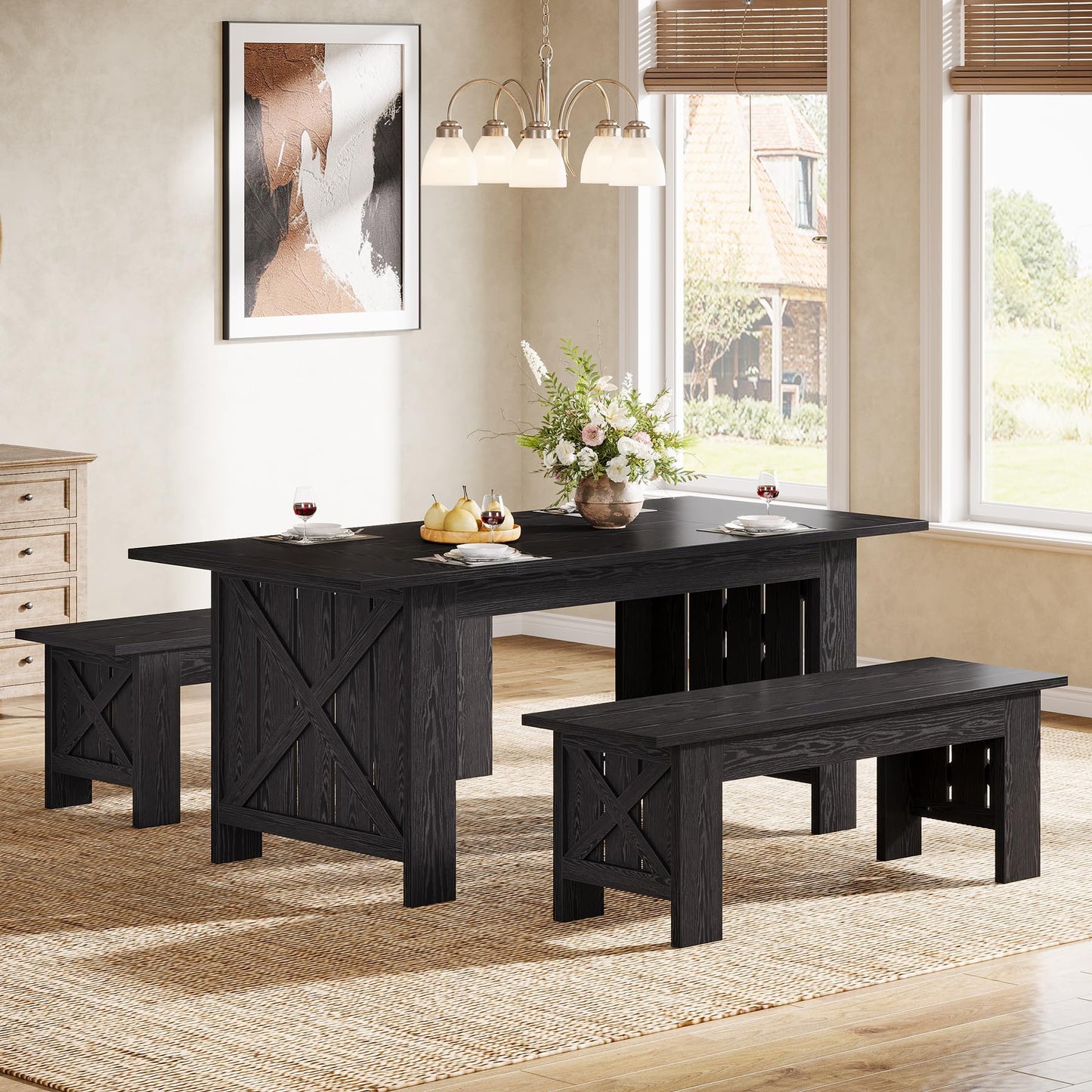 Tribesigns Farmhouse Dining Table Set for 4-6, 55-Inch Rectangle Kitchen Table with 2 Benches, 3-Piece Wooden Dinner Table for Dining Room, Kitchen, Small Space, Black