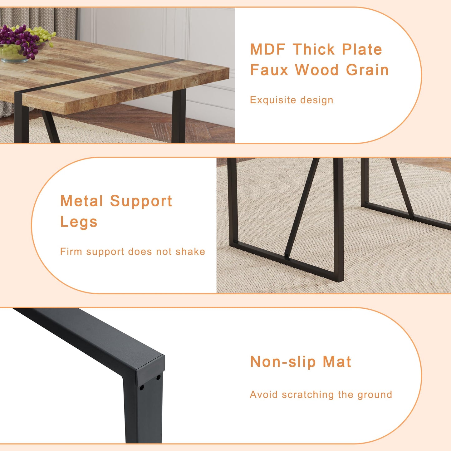 5 Piece Dining Table Set for 4, 55" Rustic Dinner Table Set for 4 with Rectangular Wood Table and 4 Suede Chairs, Modern Kitchen Table and Chairs Set of 4, Suitable for Living Dining Room Apartment