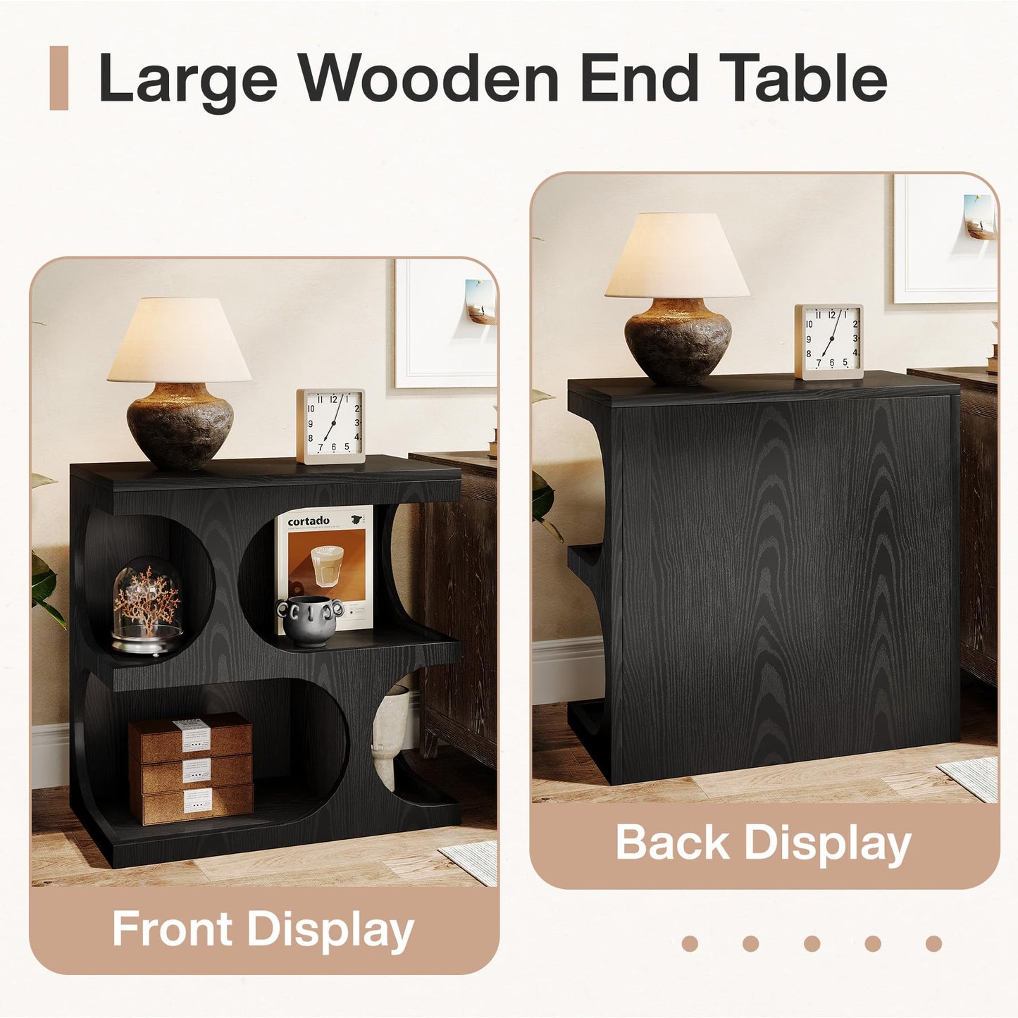 Tribesigns Black End Table for Living Room, Modern S-Shape Side Tables with 2-Tier Storage Shelf, Retro Bedside Nightstands for Bedroom, Easy Assembly