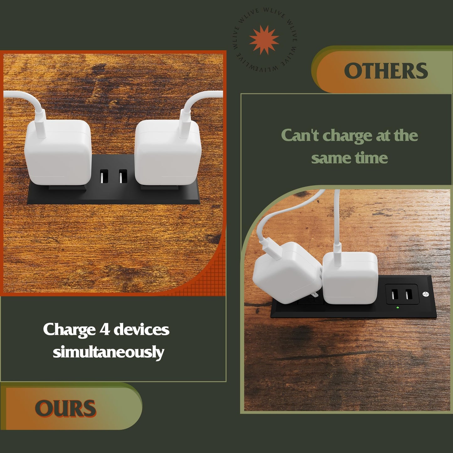 WLIVE Night Stand Set 2, Nightstand with Charging Station, Bedside Tables for Bedroom, Side Table with Fabric Drawers, USB Ports and Outlets, Rustic Brown