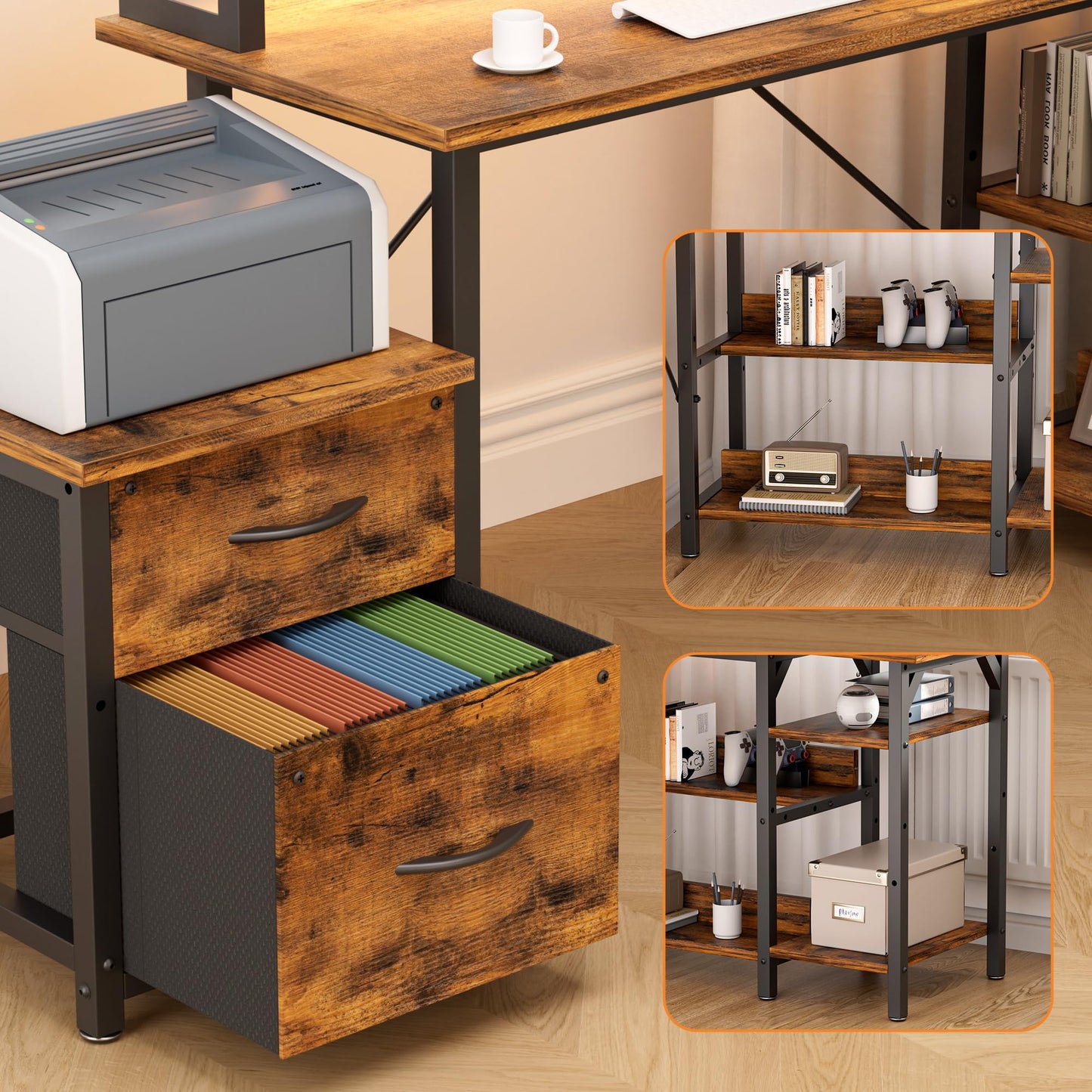 Briteglotec 67'' L Shaped Home Office Desk, Large Reversible Gaming Desk, Corner Computer Desks with File Drawers, Rustic Brown