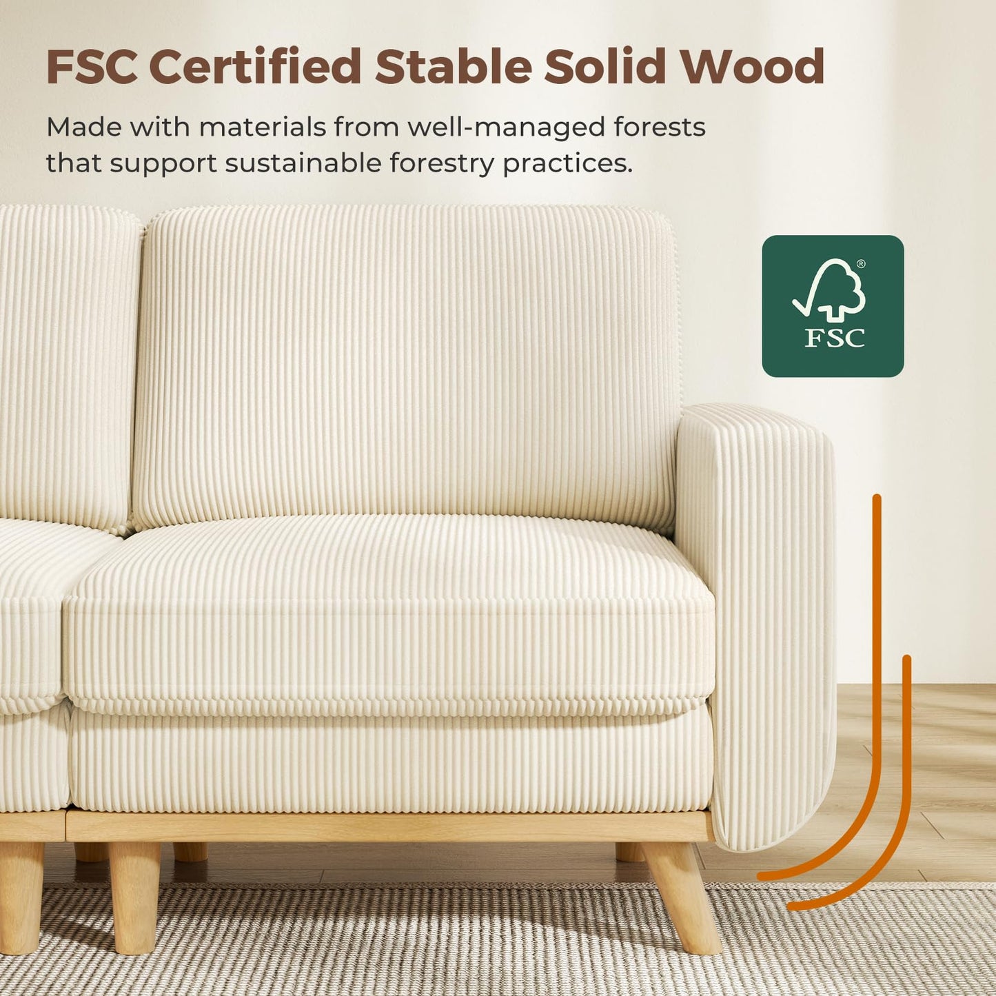 Vesgantti 97" Modular Sectional Sofa Beige, L-Shaped Couch with Movable Ottoman, Comfy Corduroy Couch with Spring Cushion, Modular Sofa with Deep Seat for Living Room, Bedroom and Apartment