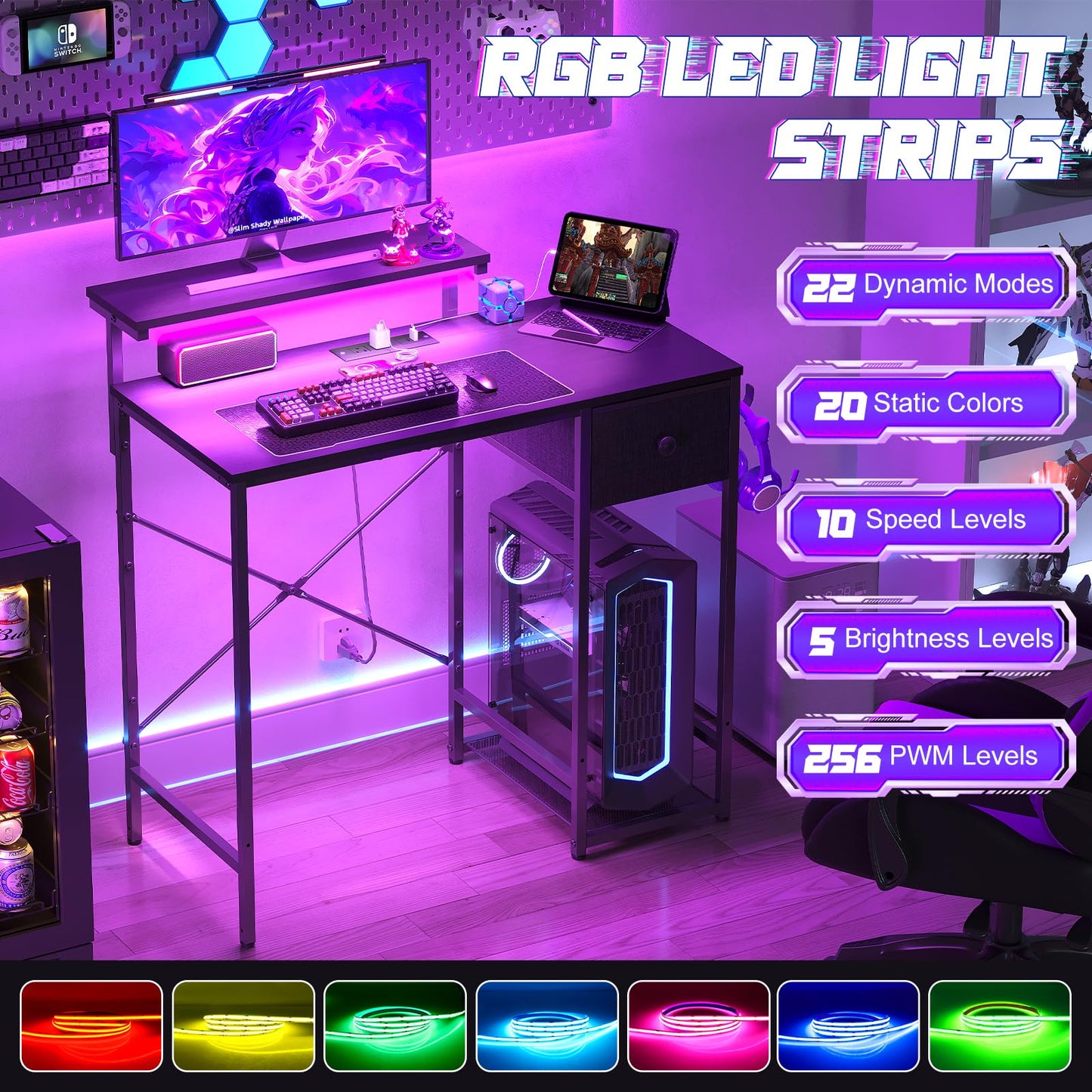 X-cosrack 33.5" Small Gaming Desk with LED Lights & Power Outlets, Compact Computer Desk with Monitor Stand & CPU Stand, Gamer Table with Storage Drawer, Side Hooks for Home Office, Bedroom, Black