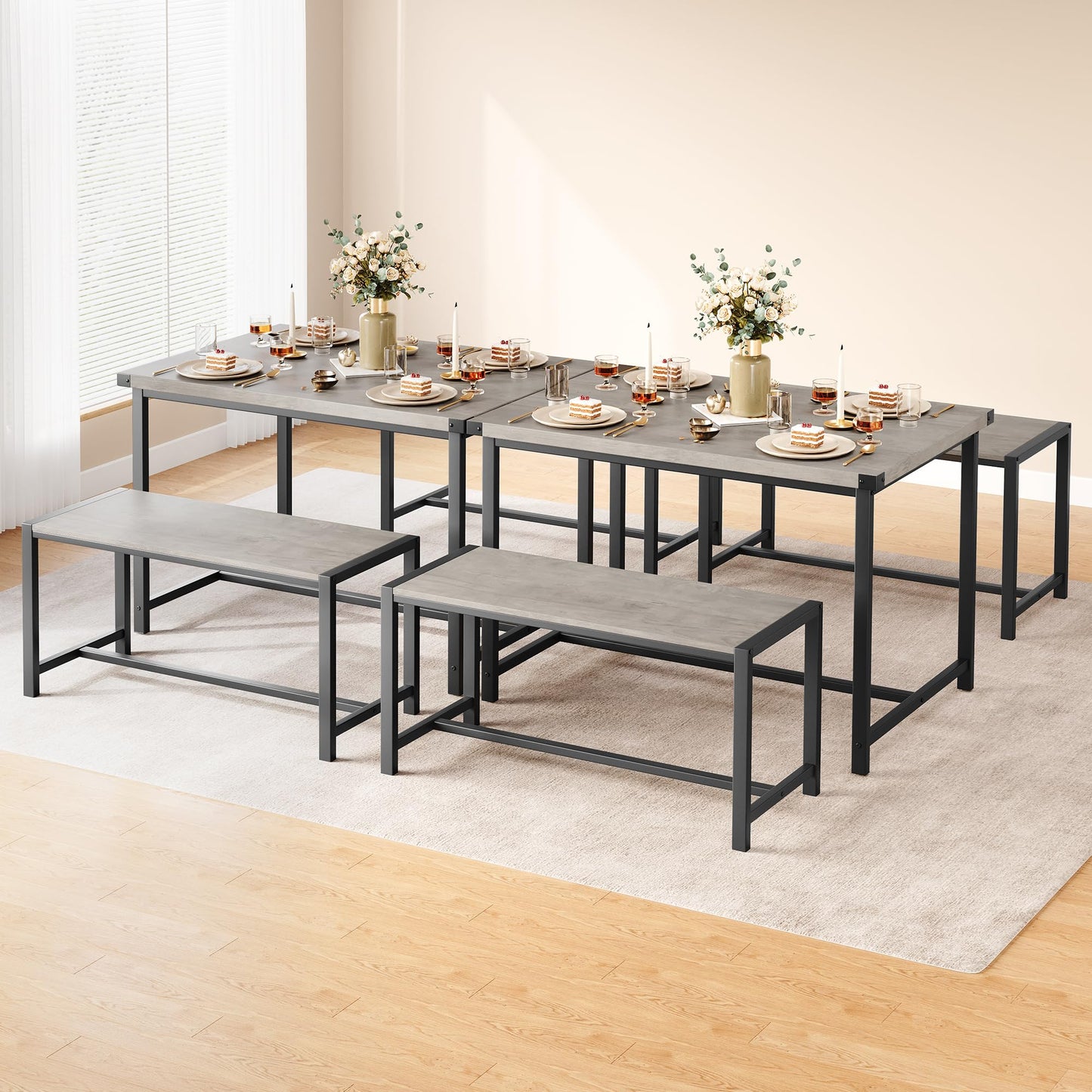 CABIHOME Dining Table and 2 Benches with Corner Protector, Dining Table Set for 4 with 2 Benches, Kitchen Table Set for 4-6 with H-Shaped Frame for Small Space, Kitchen, Apartment, Rustic Gray