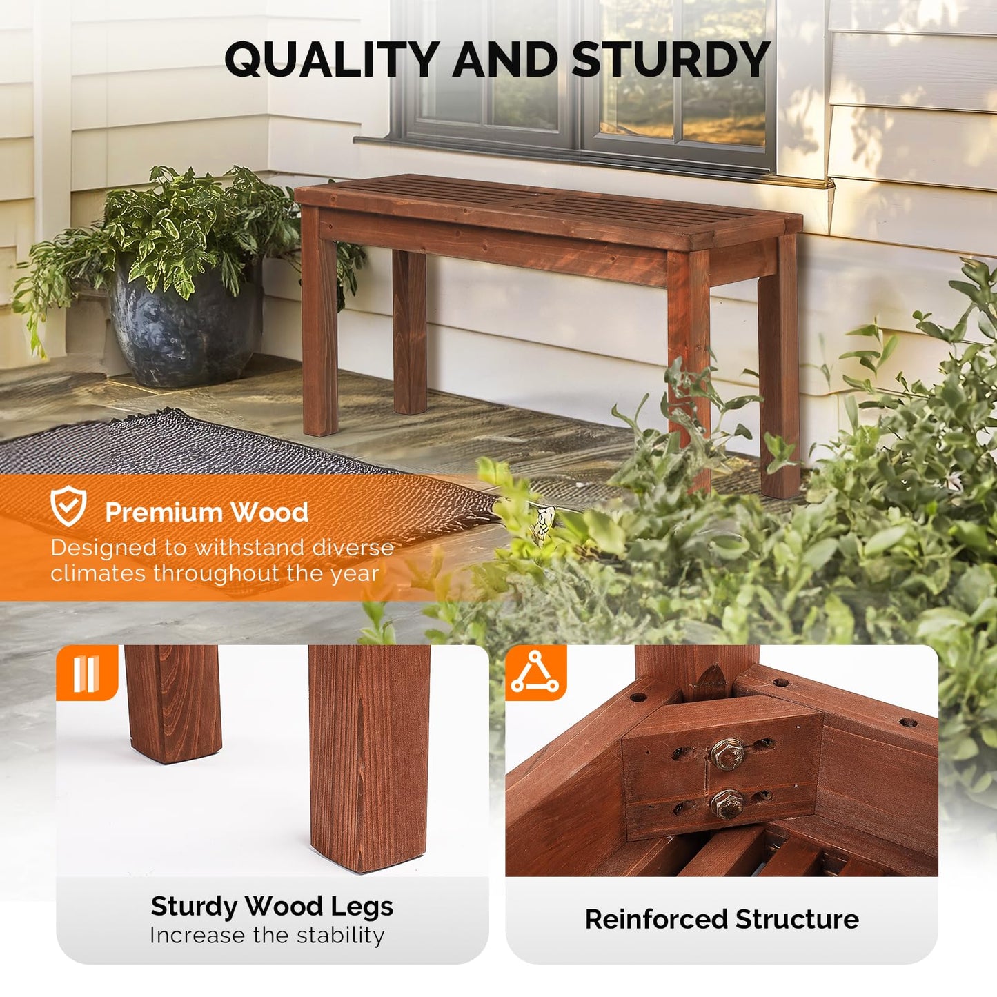 VINGLI Outdoor Wooden Bench, 40” Porch Bench Outdoor Backless Garden Bench, Small Outdoor Bench for Deck Patio Entryway