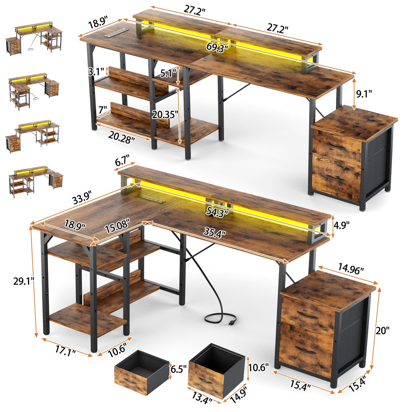 Briteglotec 67'' L Shaped Home Office Desk, Large Reversible Gaming Desk, Corner Computer Desks with File Drawers, Rustic Brown