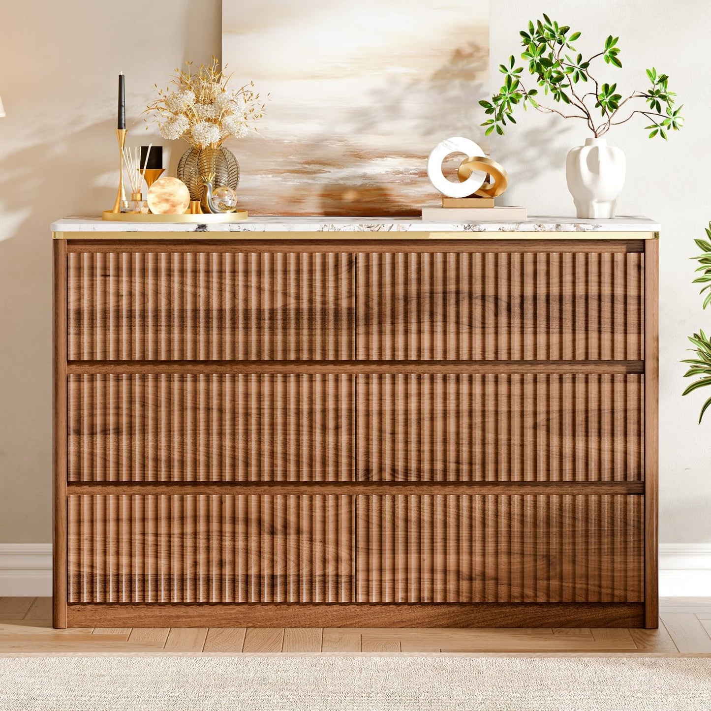 Ieejdn Fluted Dresser for Bedroom with 6 Drawers, 47.2" Modern Chest of Drawers with Faux Marble Top, Curved Profile Design,Dresser TV Stand, Wood Drawer Organizer for Living Room, Hallway, Walnut