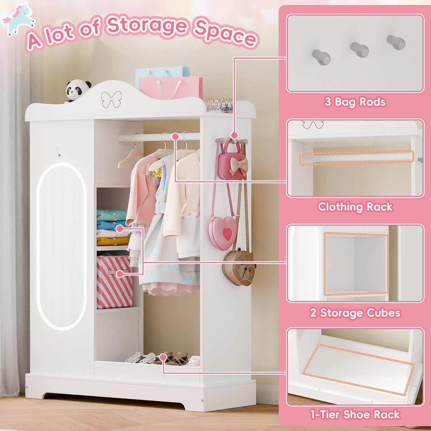 Xilingol Kids Armoire with a Jewelry Cabinet, Princess Dress Up Closet with Mirror, Kids Wardrobe Closet with Storage Shelves, Armoire Costume Organizer for Bedroom, Kids Room, Girl (White)