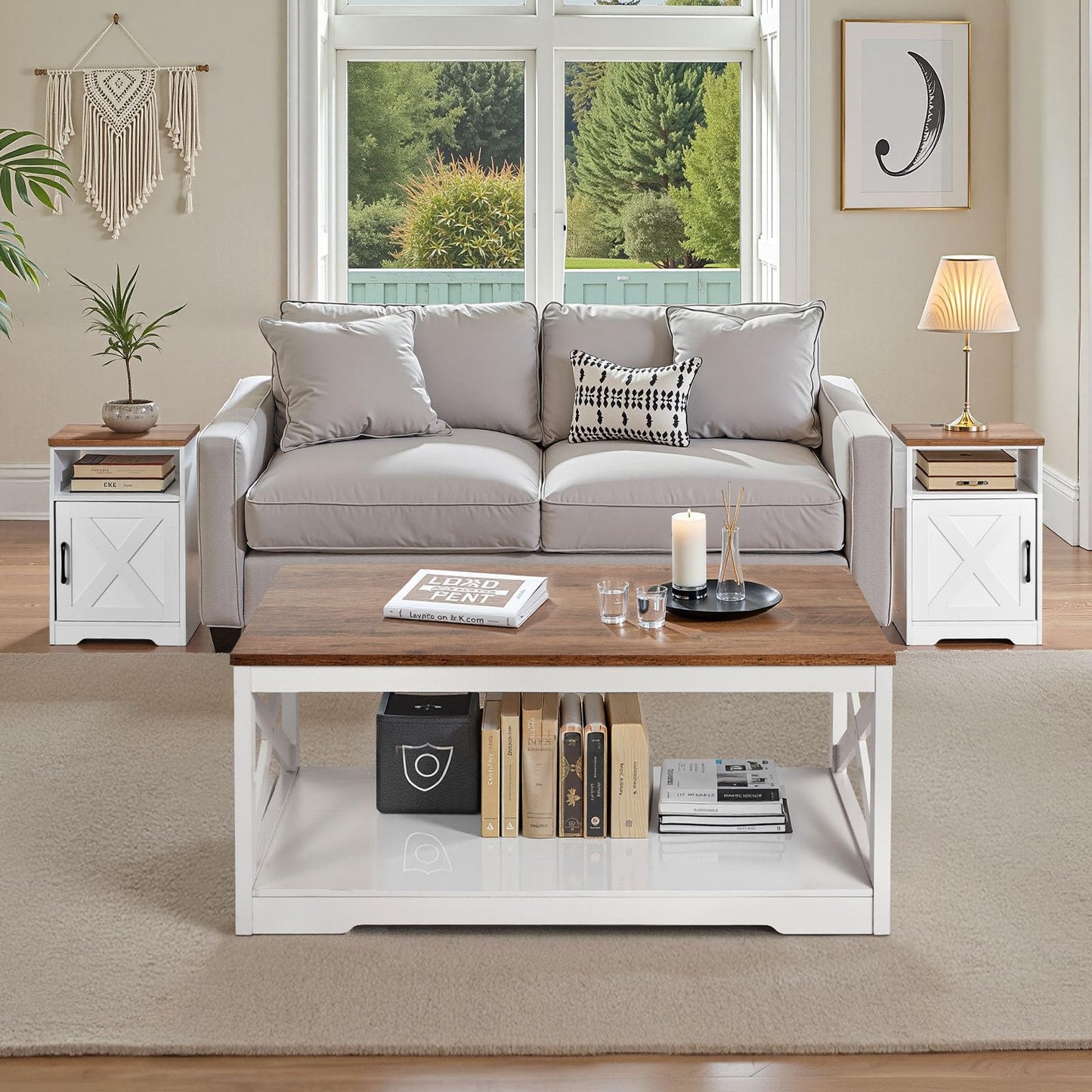 VEVOR 3 Pieces Farmhouse Coffee Table Sets, 40 Inch Industrial Coffee Table with 2 End Tables, Easy Assembly Coffee and Side Tables Sets with Charging Station, for Office, Living Room & Apartment