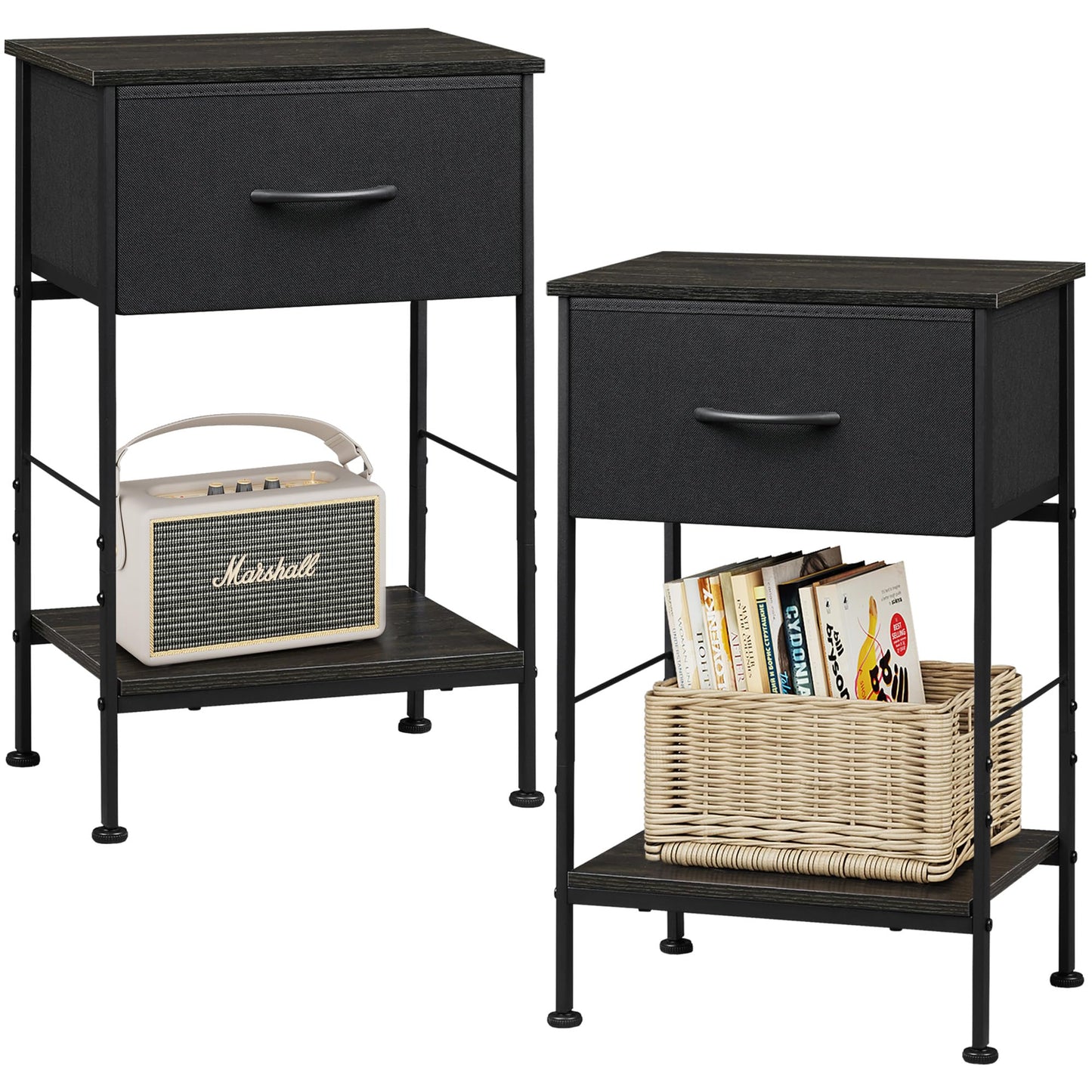 WLIVE Night Stand Set 2, Black Nightstand with Fabric Storage Drawer and Open Wood Shelf, Nightstand Set of 2 with Steel Frame, Side Table for Bedroom, Dorm, Charcoal Black, 25.03" Height
