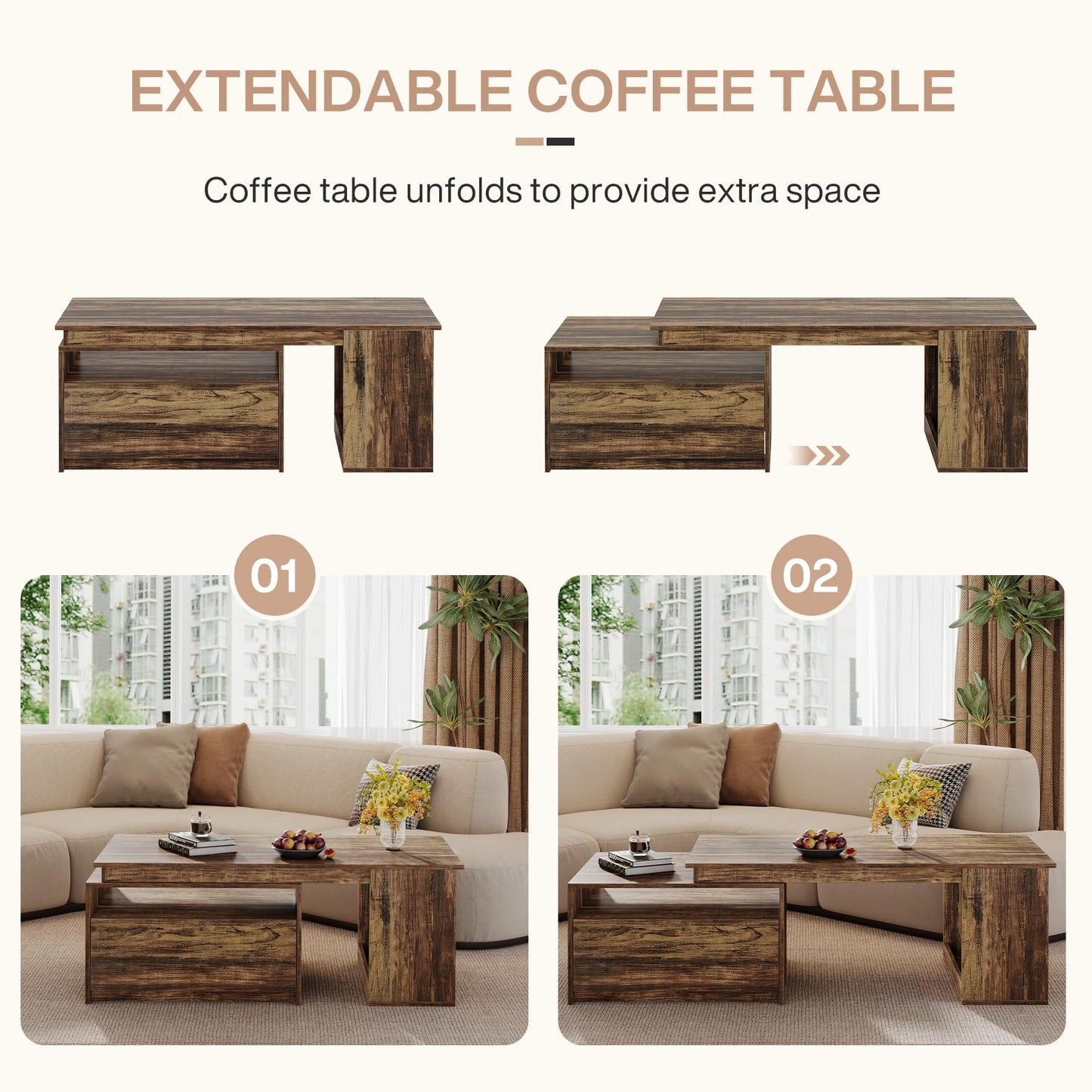 Tribesigns Extendable Coffee Table, 47"-70" Length Wooden Center Table with Drawer, Reversible Farmhouse Cocktail Table with Storage for Living Room, Rustic Brown