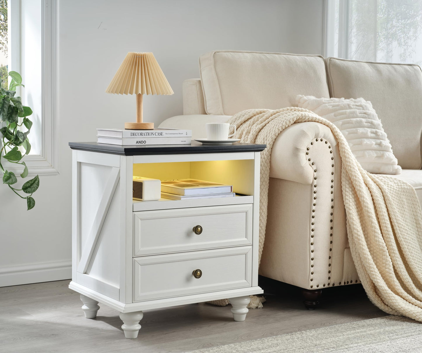 21" Farmhouse Nightstand with Charging Station,Classic American Style Bedside Table with 2 Drawers Storage,Pull-Out Tray,3-color LED lighting,End Table for Bedroom or Living Room,Bedside Cabinet,White