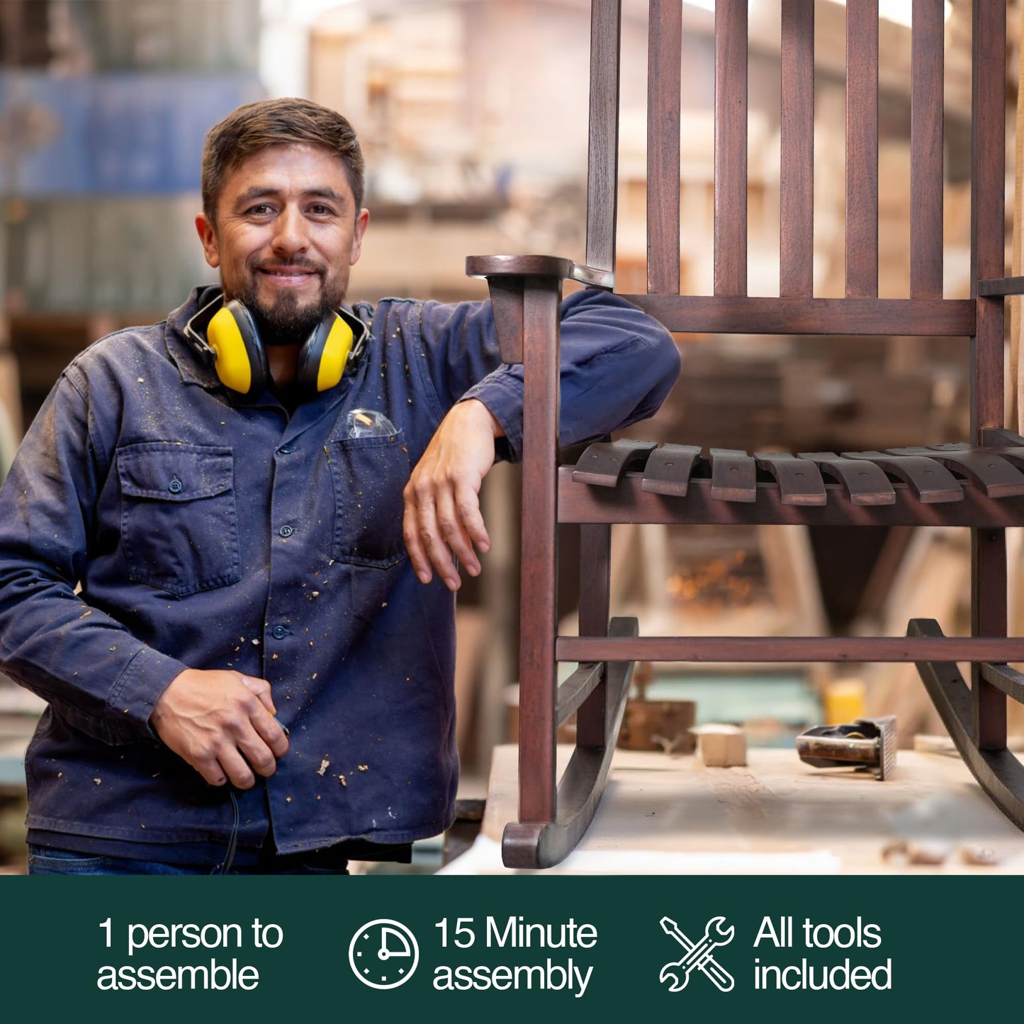 Tranquillo Oasis Wooden Rocking Chair for Patio, Porch, or Indoor Use – Classic Acacia Wood Rocker with Sturdy Frame, Comfortable Slatted Seat, Smooth Rocking Motion – Farmhouse Outdoor Chair