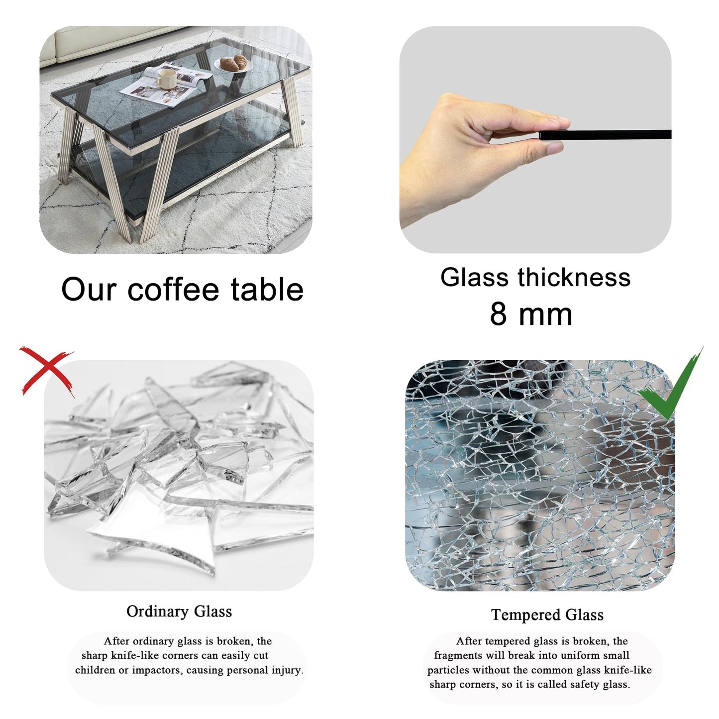 47" Modern Coffee Table, Double-Layer Black Tempered Glass Table Top with Stainless Steel Frame, Center Table with Storage, for Living Room Home Office, Silver