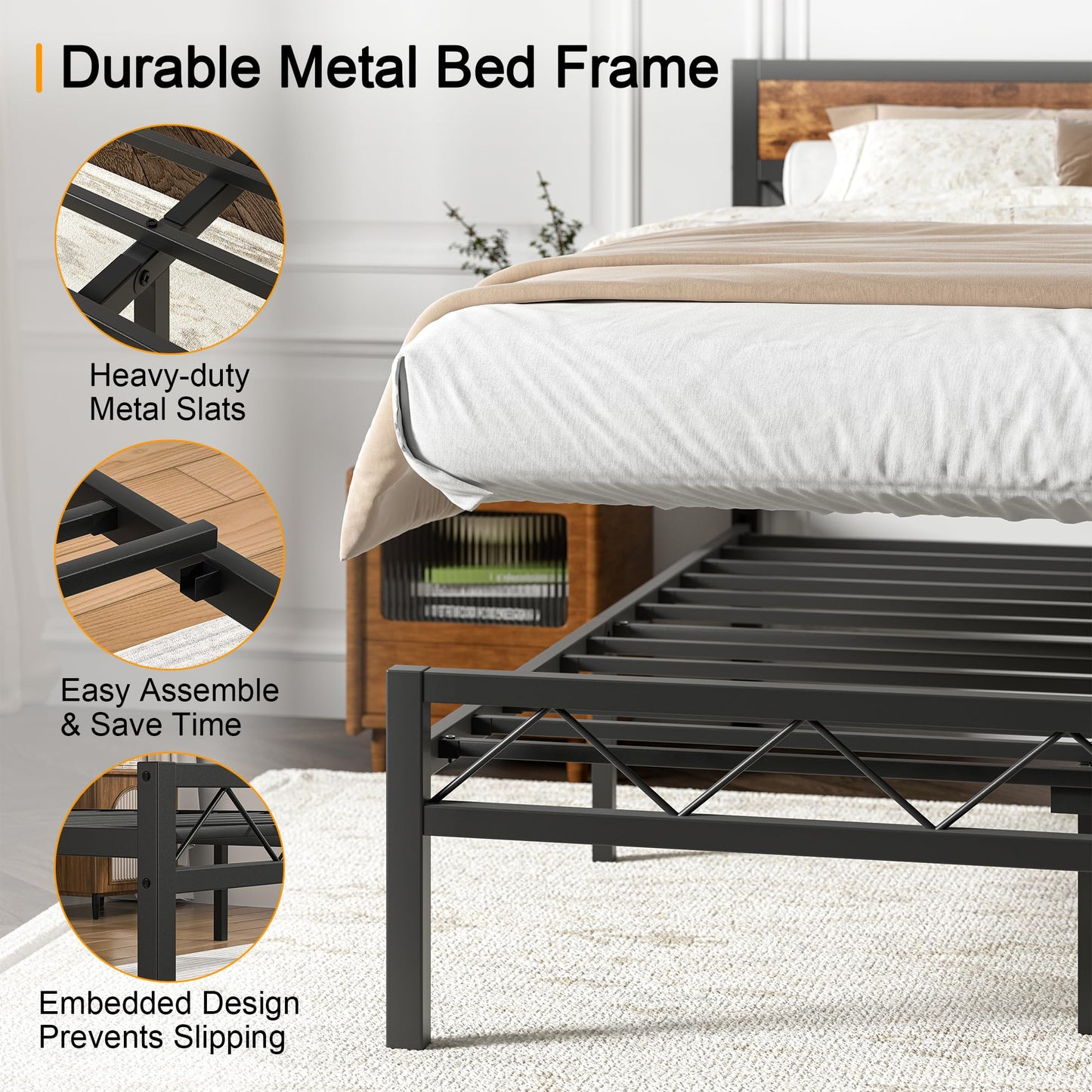 VECELO Full Size Bed Frame with Headboard, Heavy-Duty Platform Bedframe with Metal Slats Support, No Box Spring Needed, Easy Assembly, Black & Brown