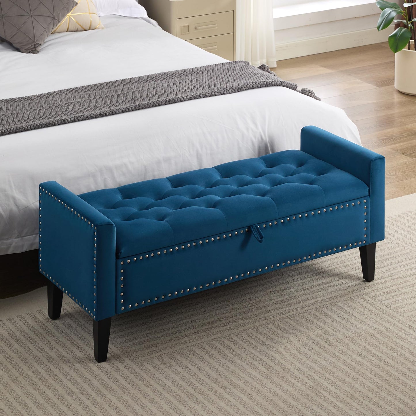 WUTUTUEE 47" Velvet Storage Bench, Upholstered Bed Bench with Storage, End of Bed Ottoman with Wooden Legs,Bedside Storage Bench for Bedroom, Living Room, or Entryway, Blue
