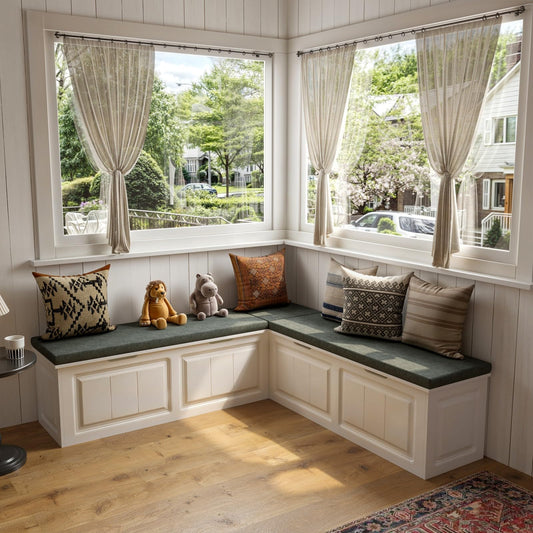 TAMUNE L Shape Storage Bench, Kitchen Breakfast Nook Bench, Backless Corner Bench Nook with Storage, Shoe Benches with Cushion for Entryway Cloakroom, White and Grey, 63”D x 63”W x 18.3”H