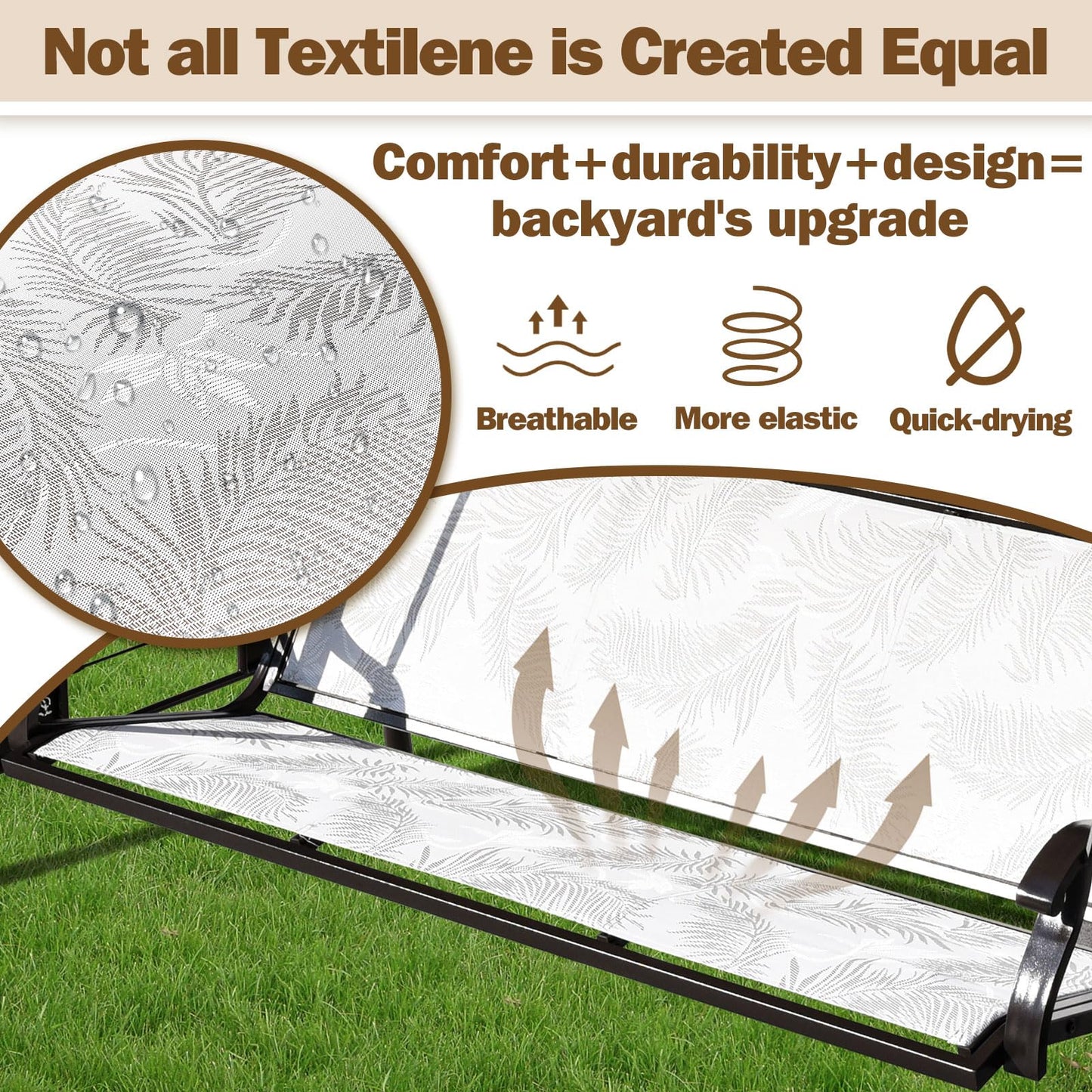 ZZW 3 Person Patio Swing Outdoor Swing for Adults with Adjustable Canopy &Upgraded Cup Holders Textilene Fabric Porch Swing Chair with Stand Heavy Duty 800 LBS