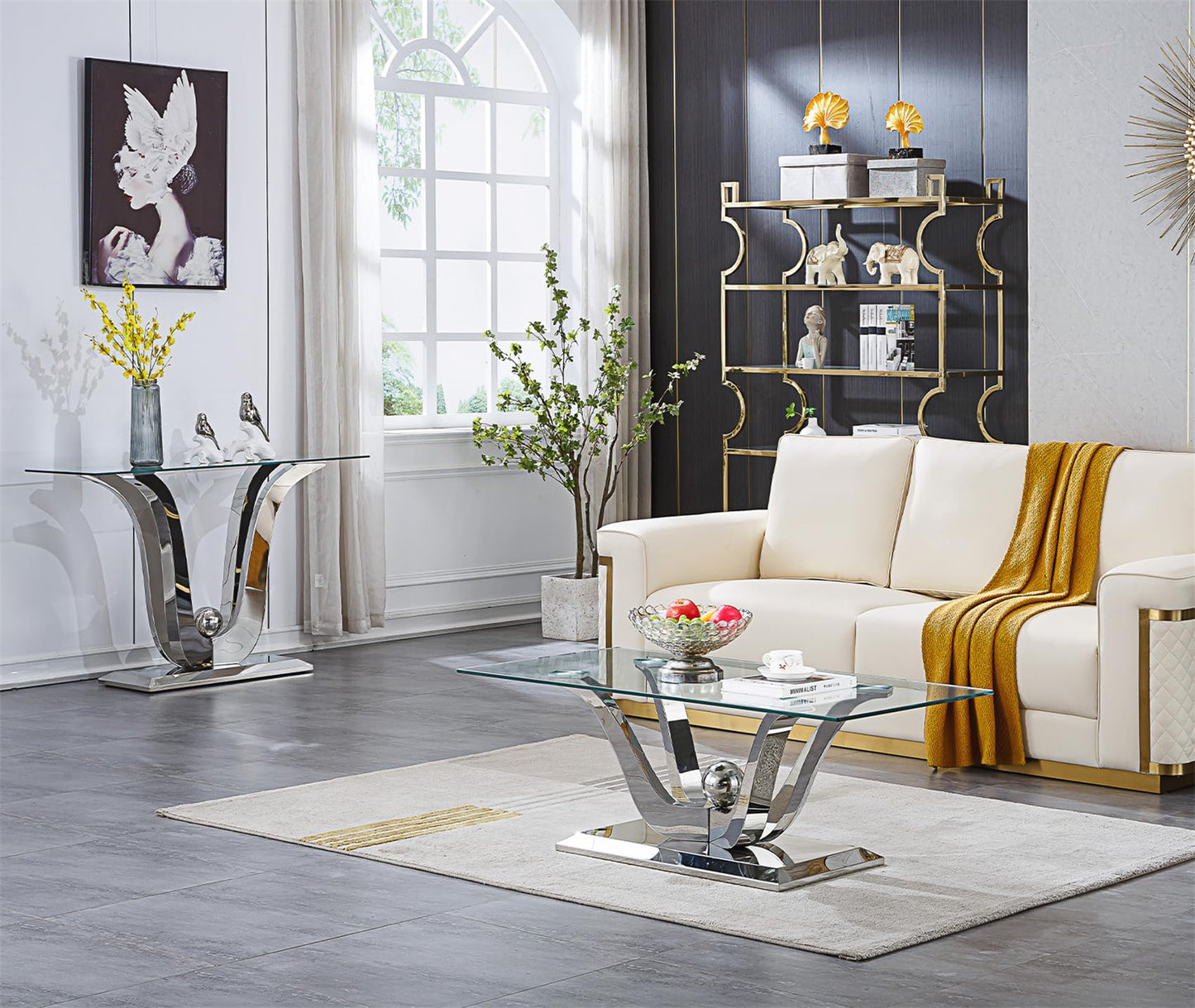 47" Glass Coffee Table, Modern Silver Cofee Table Living Room Table with Gorgeous Mirrored Stainless Steel Base,Luxury Rectangular Center Coffee Tables for Living Room,Apartment,Office