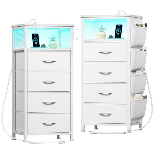 White Nightstand Set of 2,LED Night Stand with Charging Station,Fabric Dresser for Bedroom, Hallway, Entryway, Living Room, Closet, Sturdy Steel Frame, Wood Top, Cloth Bags, Hooks, White