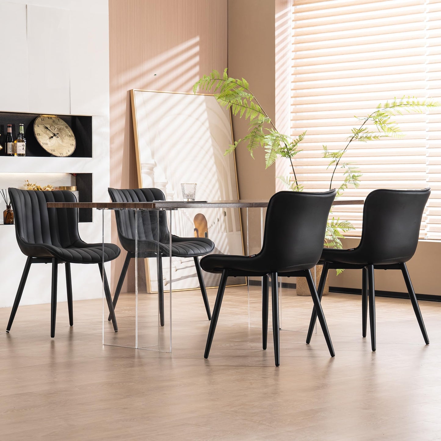 YOUNUOKE Black Dining Chairs Set of 2, Faux Leather Upholstered Kitchen & Dining Room Chairs with Back, Mid Century Modern Minimalist Accent Chair Armless for Guest Reception Waiting Living Room