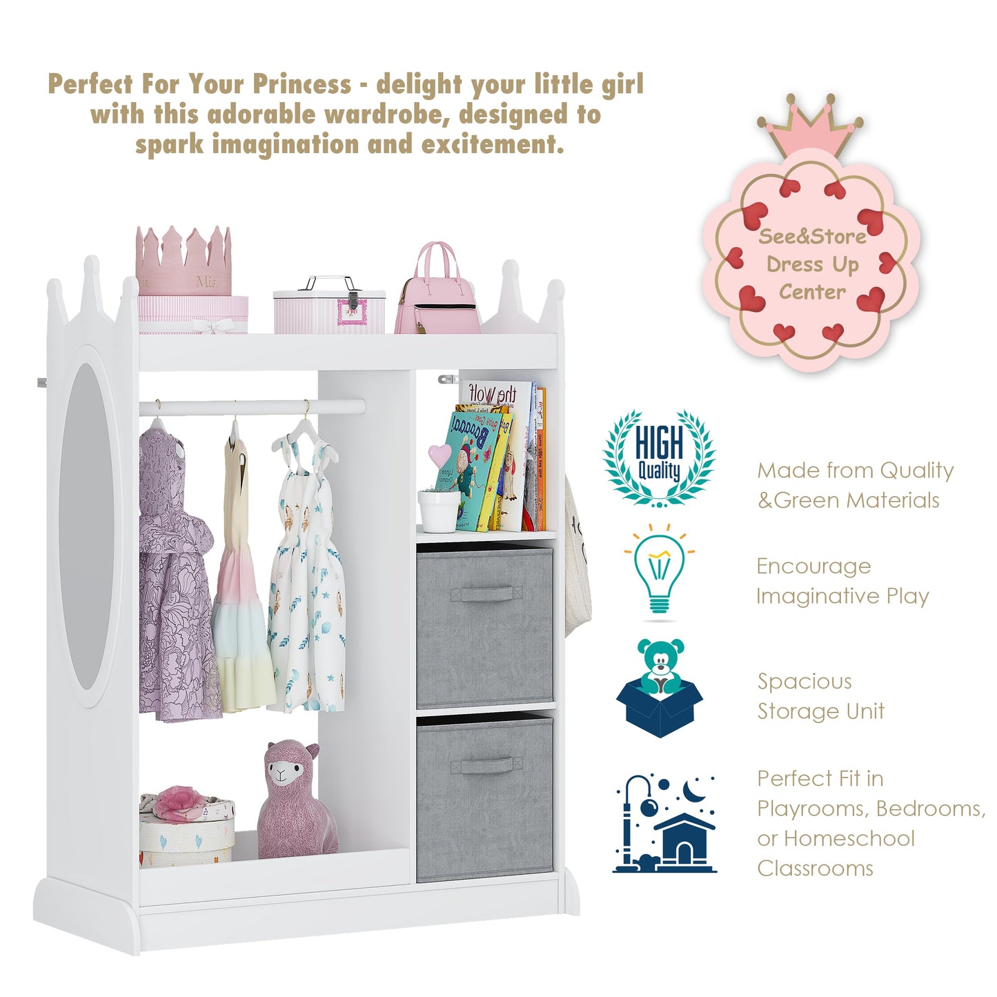 UTEX Kids Play Armoire with Mirror, Storage Bins and Closet for Dress Up and Costumes (White)