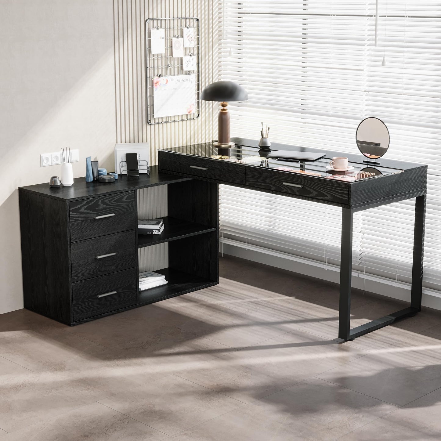 WOODTIME L-Shaped Makeup Vanity Desk with Glass Desktop & Cabinet, Corner Dressing Table with 5 Drawers & Shelves, Black Wood Grain