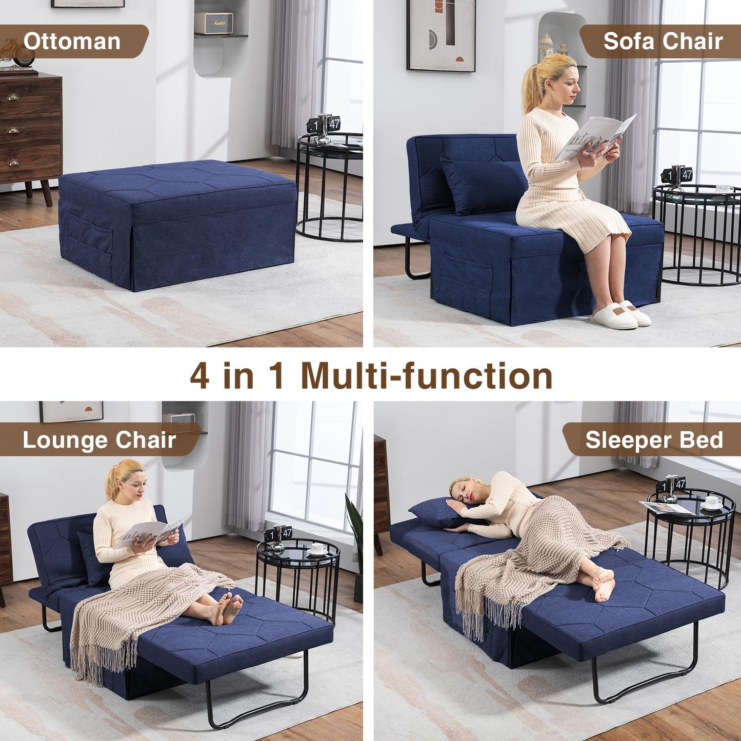 4 in 1 Sleeper Chair, Convertible Sleeper Sofa with Ottoman, Ottoman Bed for Adults, Sofa Bed with Adjustable Backrest for Living Room Apartment Office, Jean Blue