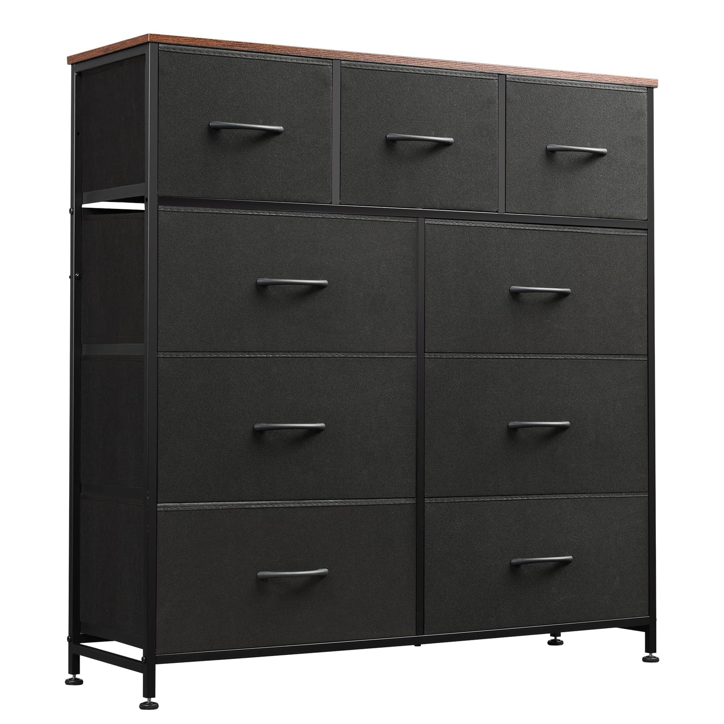 WLIVE 9 Drawer Dresser, Fabric Storage Tower for Bedroom, Hallway, Closet, Tall Chest Organizer Unit for Bedroom with Fabric Bins, Steel Frame, Wood Top, Easy Pull Handle, Black and Rustic Brown