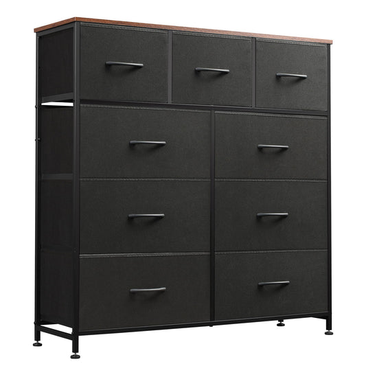 WLIVE 9 Drawer Dresser, Fabric Storage Tower for Bedroom, Hallway, Closet, Tall Chest Organizer Unit for Bedroom with Fabric Bins, Steel Frame, Wood Top, Easy Pull Handle, Black and Rustic Brown